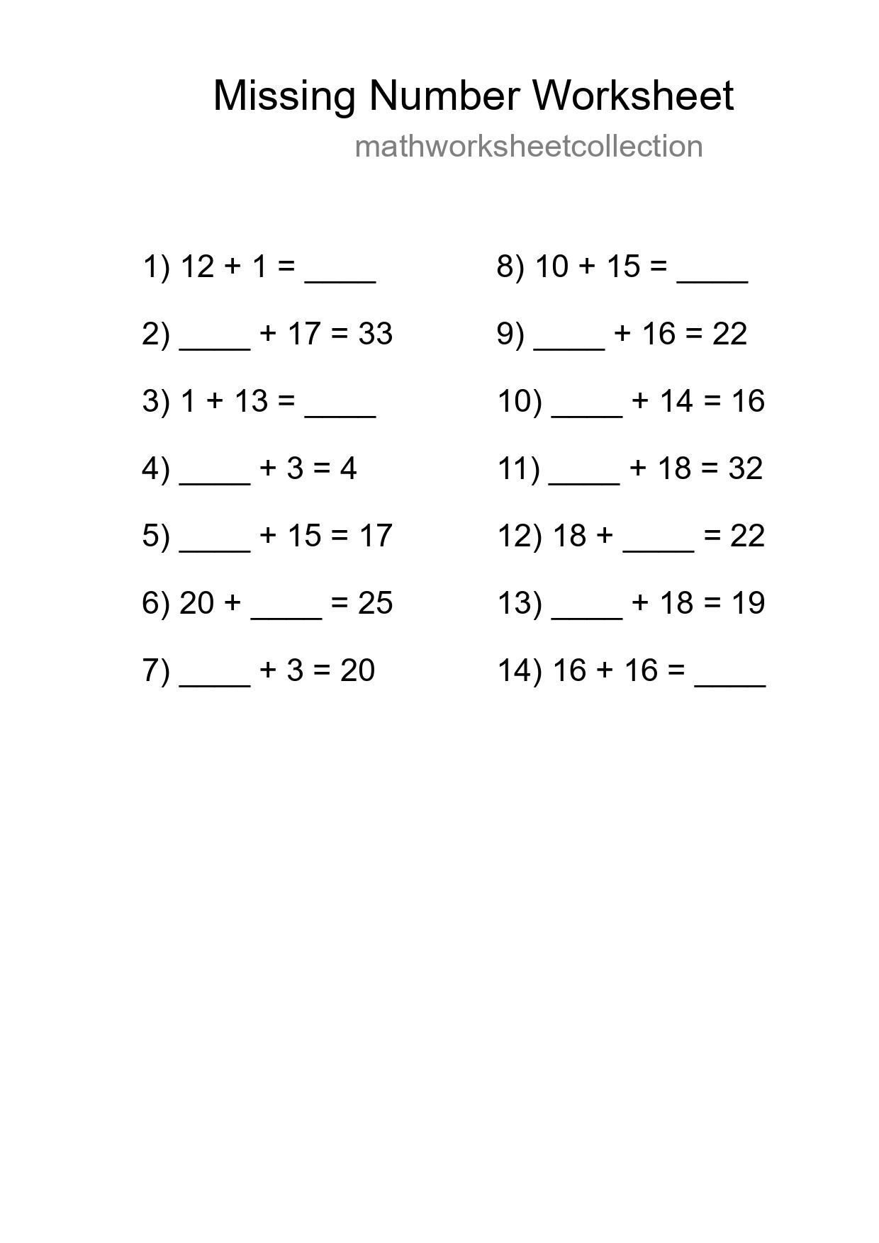 Missing Number Math Worksheet