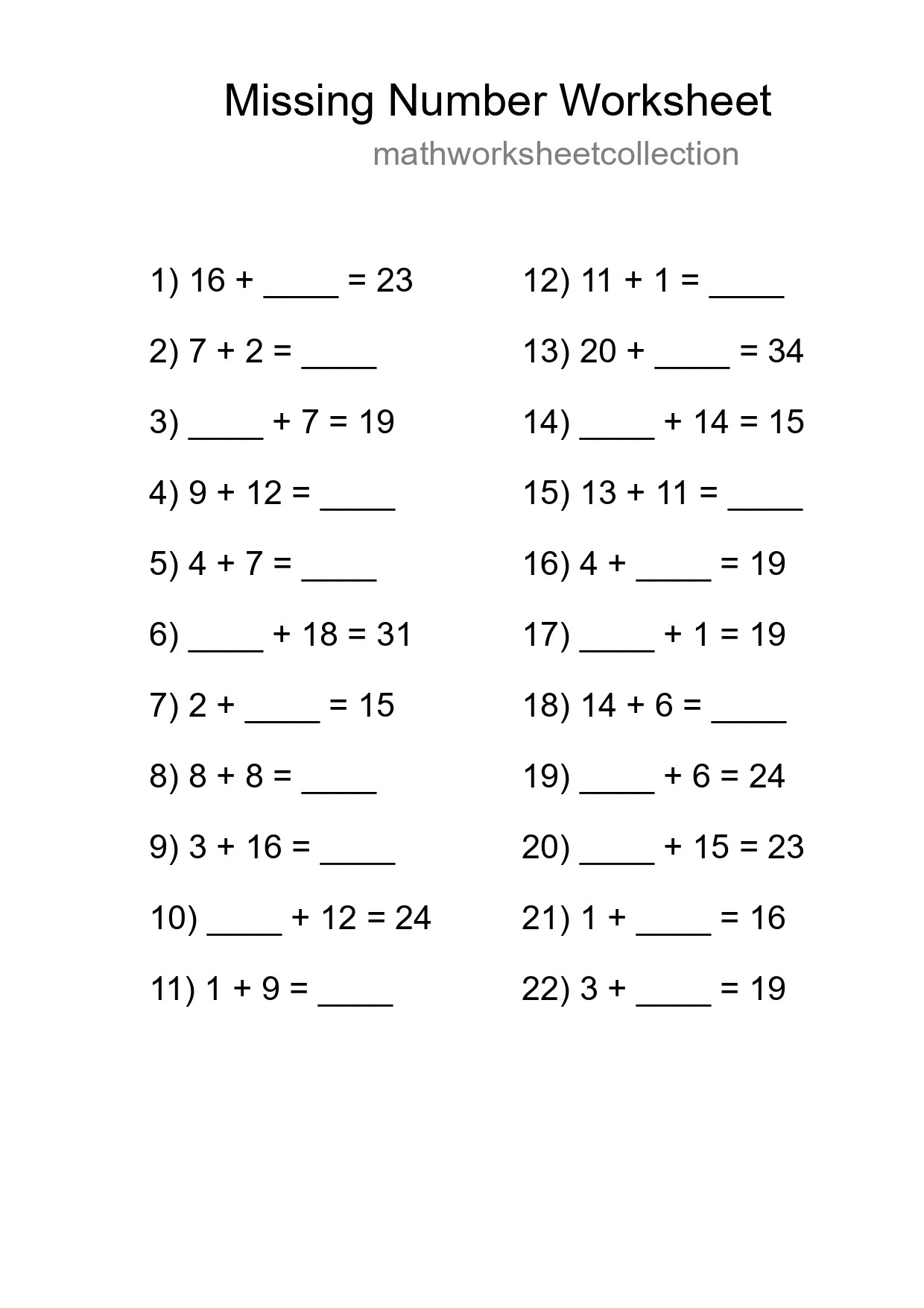 Missing Number Math Worksheet