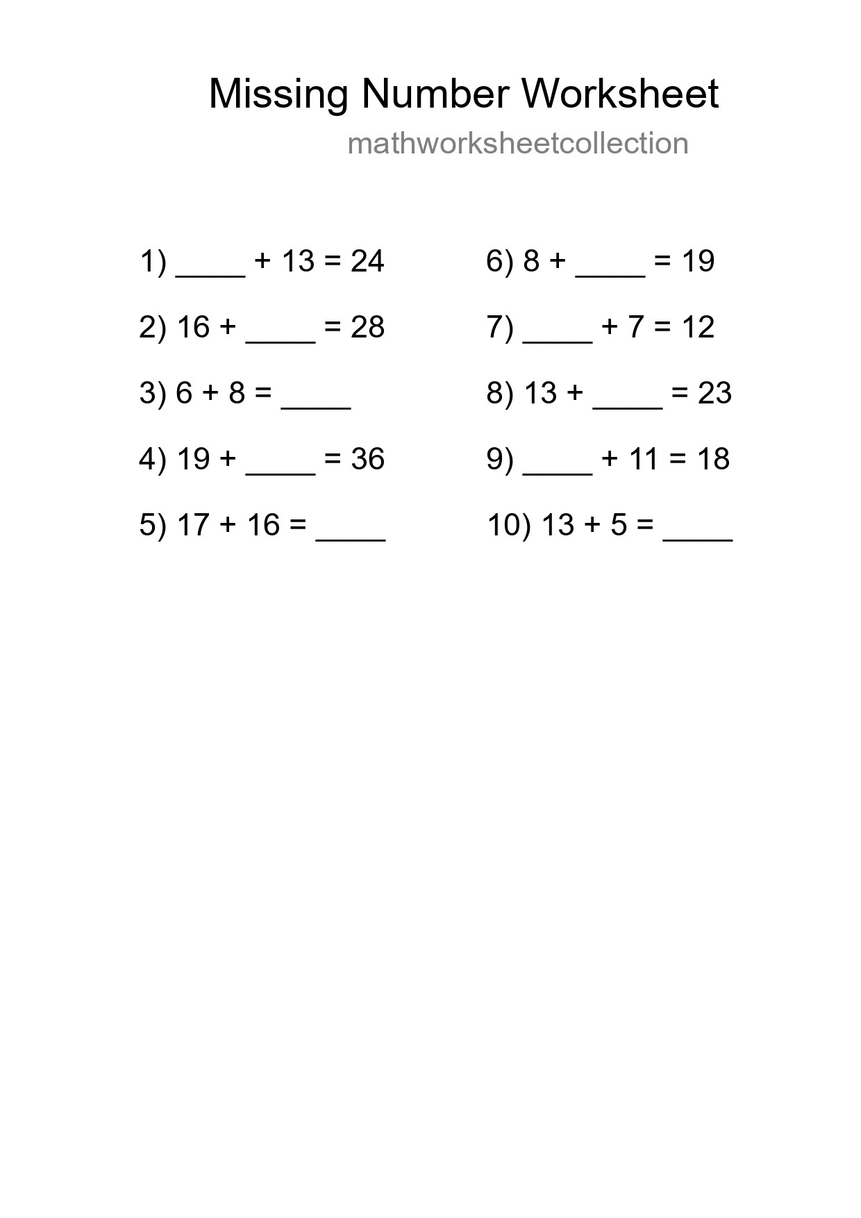 Missing Number Math Worksheet