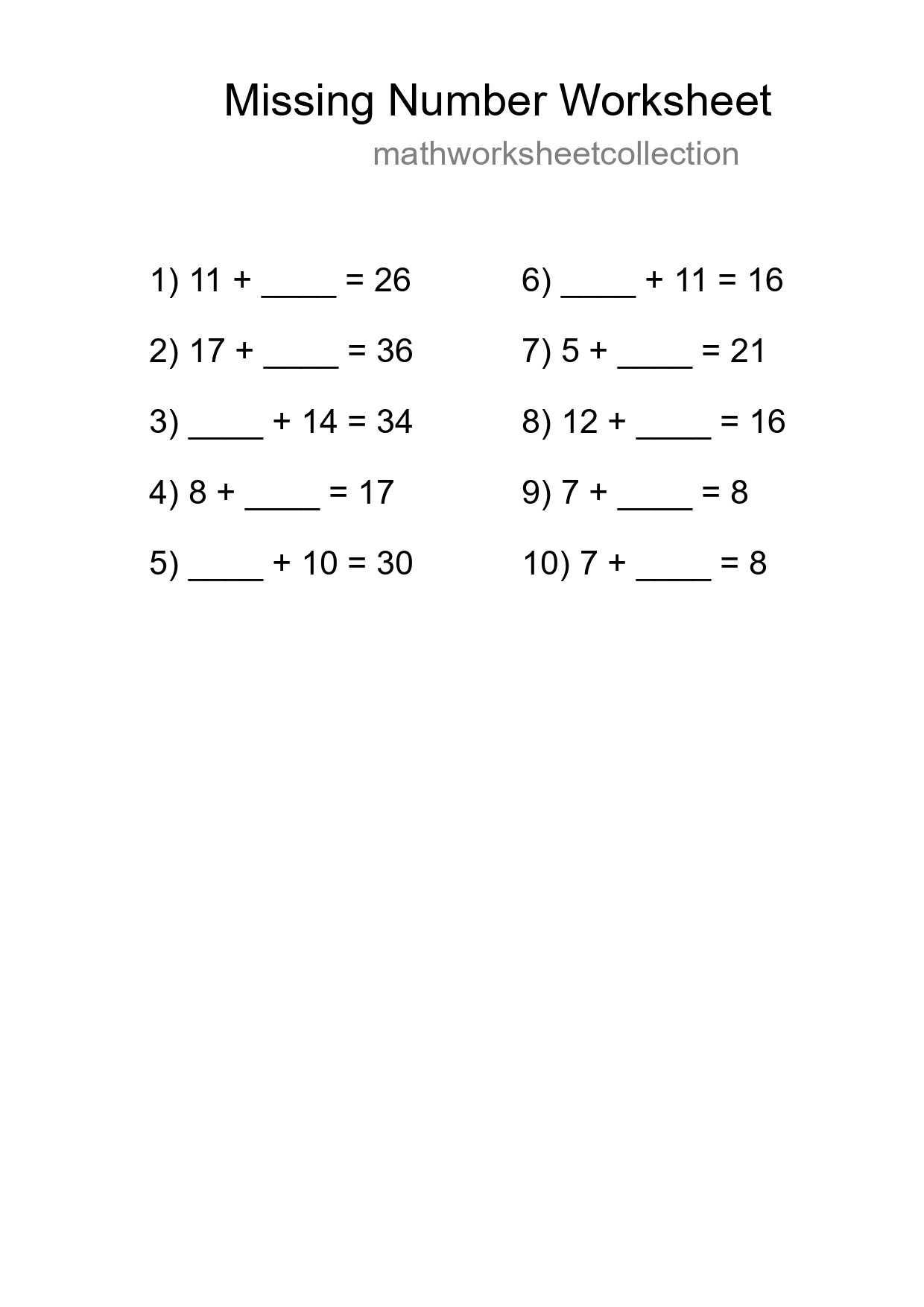 Missing Number Math Worksheet