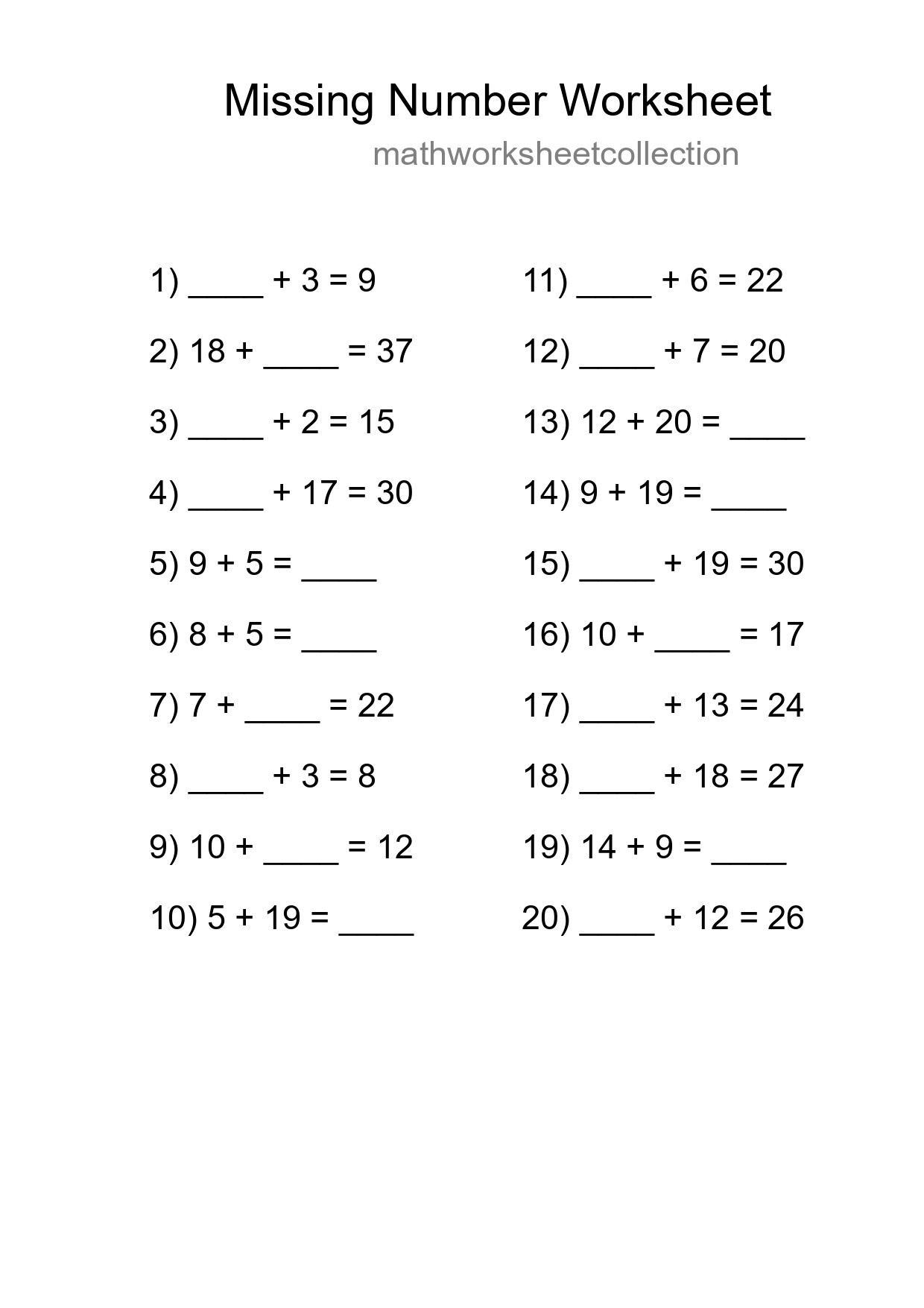 Missing Number Math Worksheet