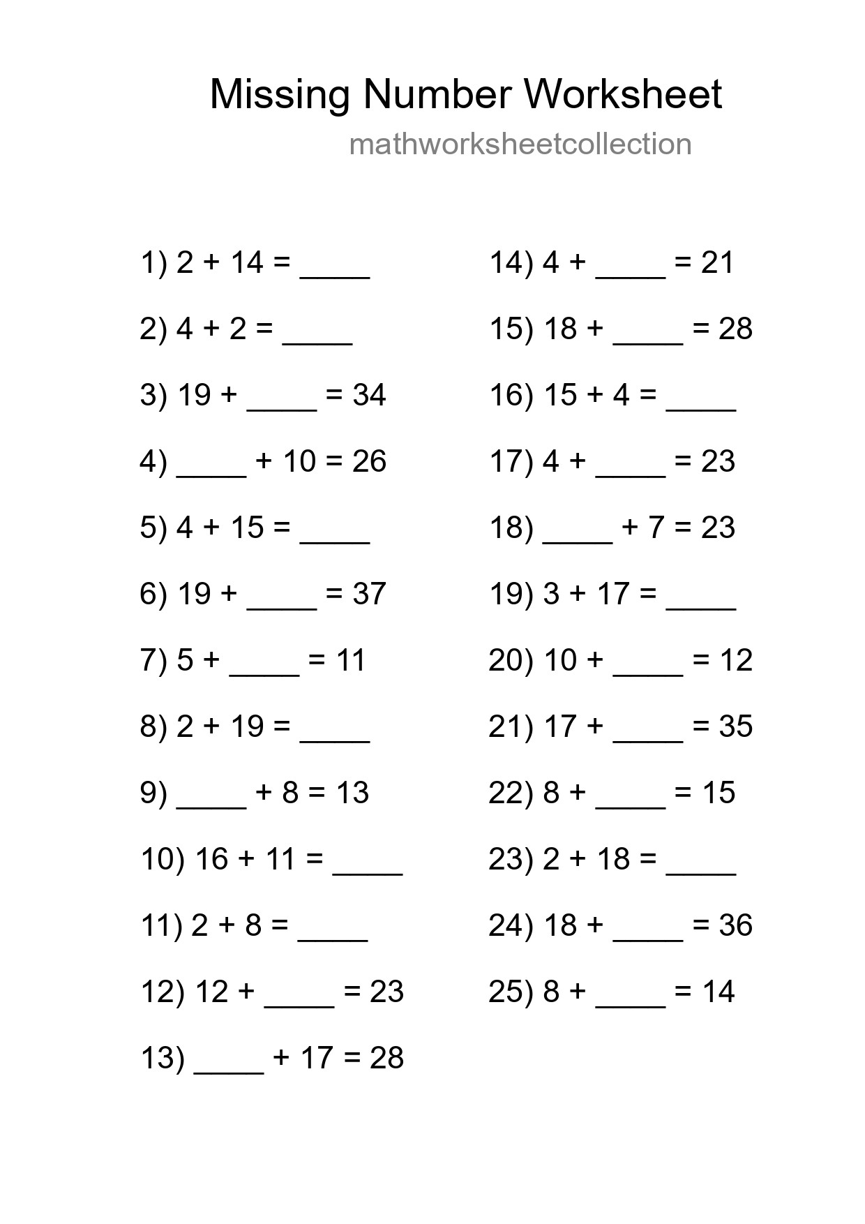 Missing Number Math Worksheet