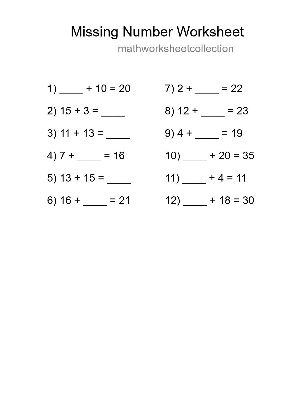 Missing Number Math Worksheet