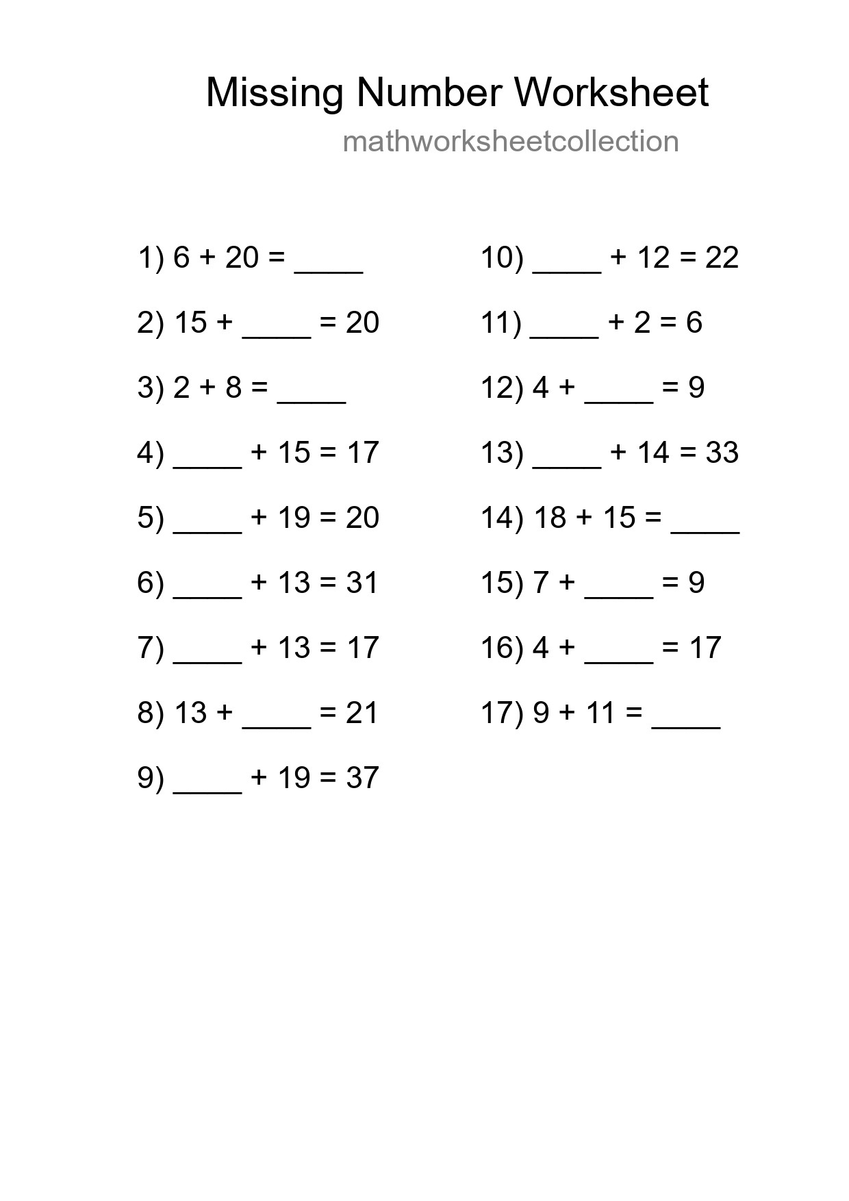 Missing Number Math Worksheet