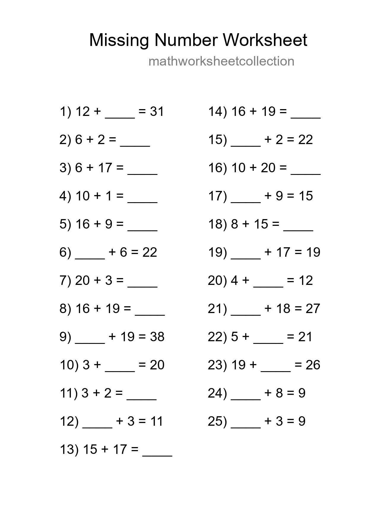 Missing Number Math Worksheet