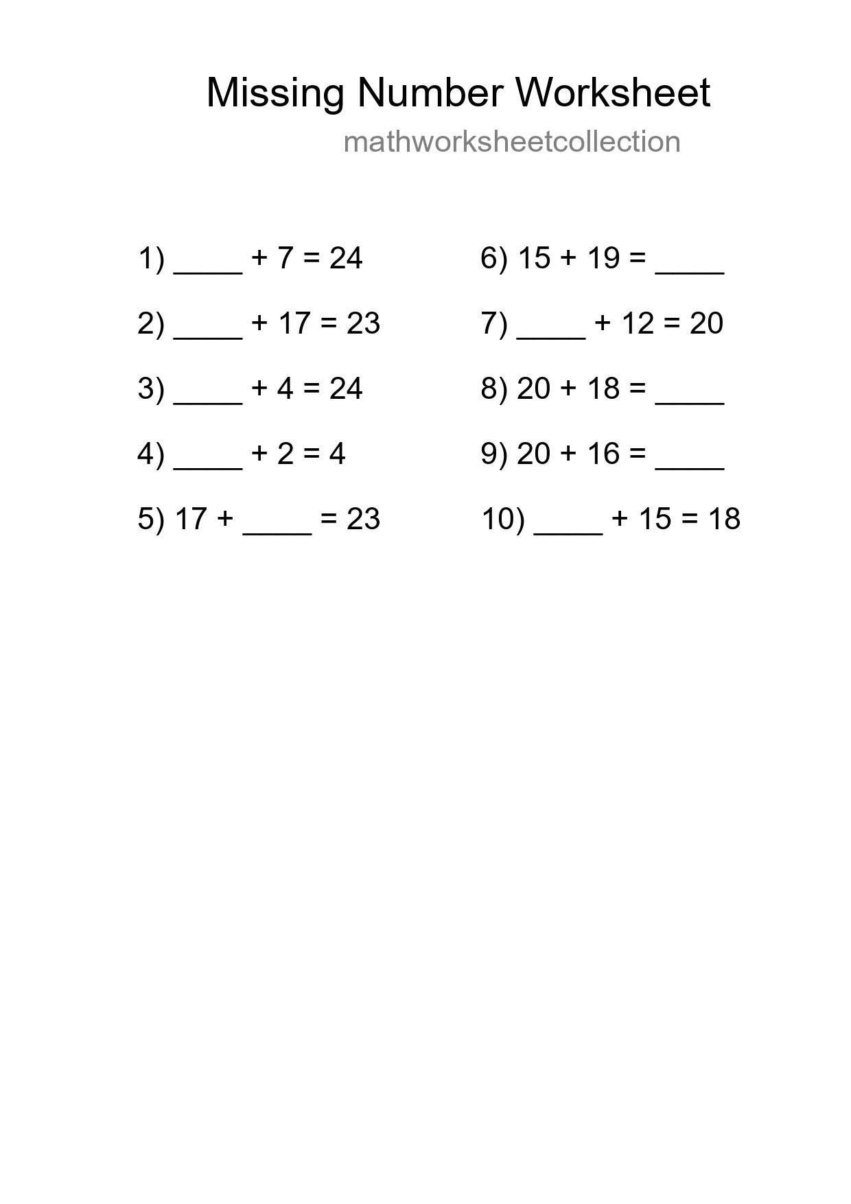 Missing Number Math Worksheet