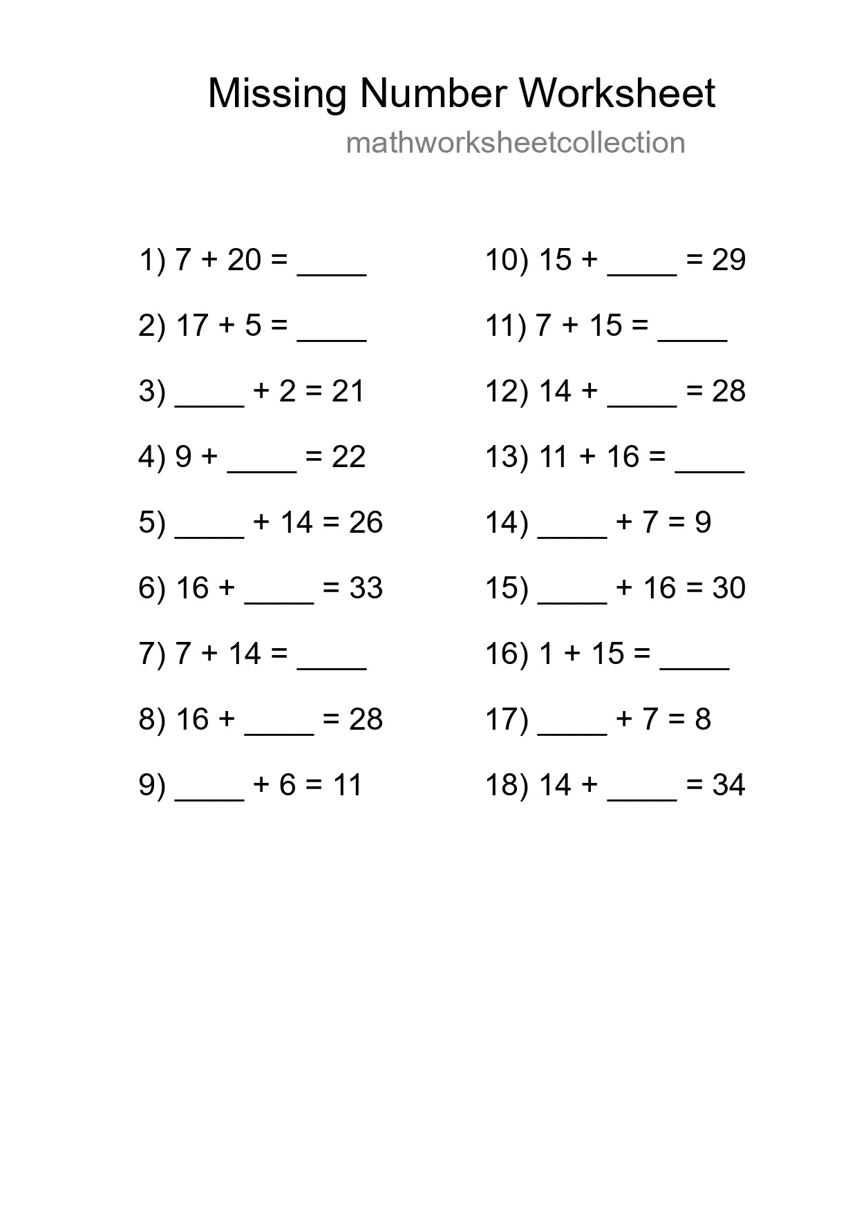 Missing Number Math Worksheet