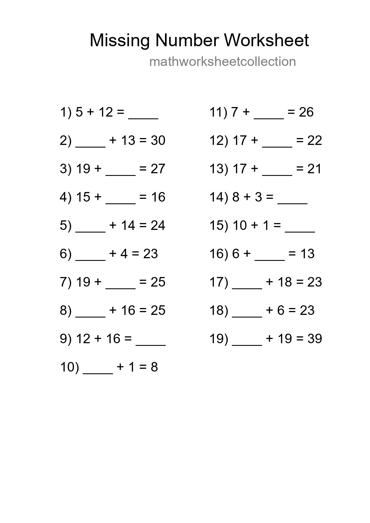 Missing Number Math Worksheet