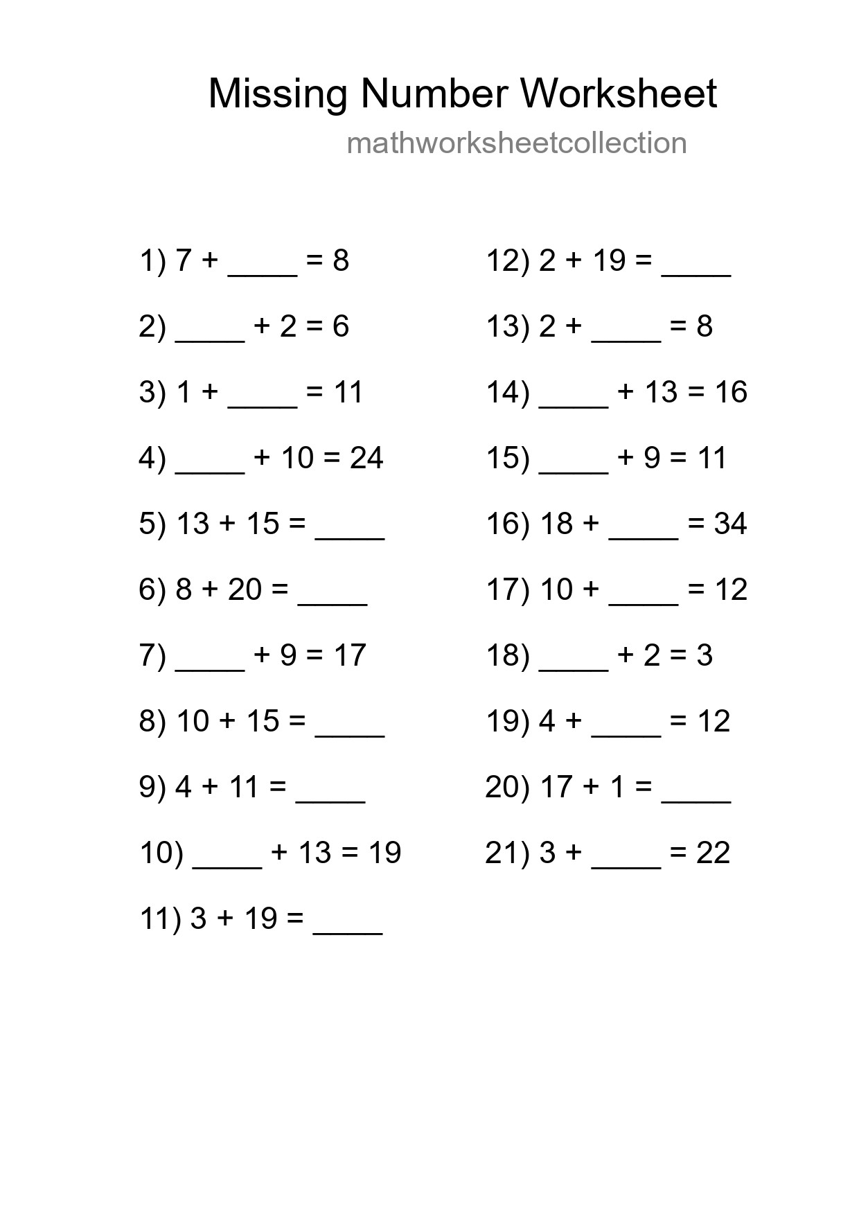Missing Number Math Worksheet