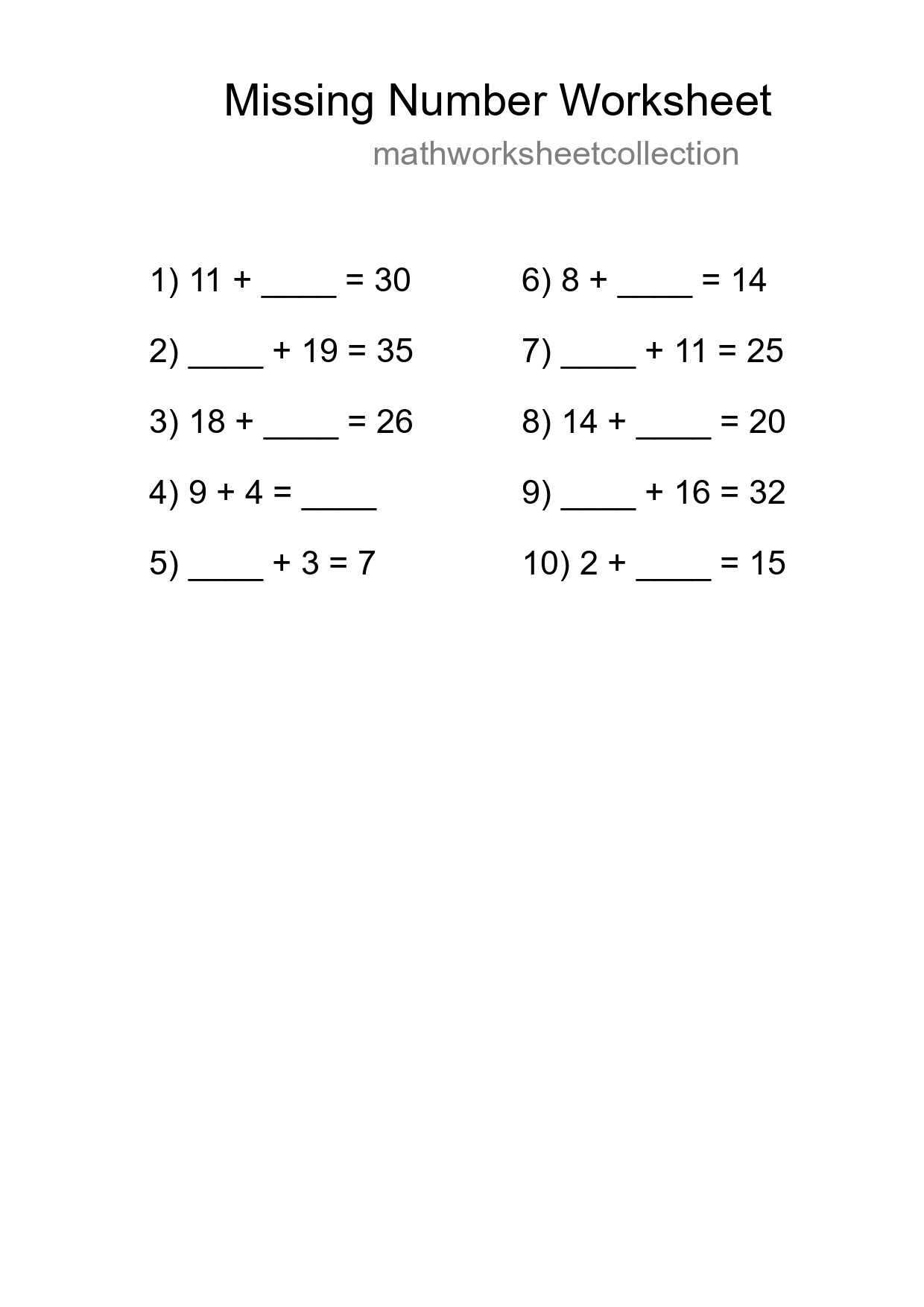 Missing Number Math Worksheet