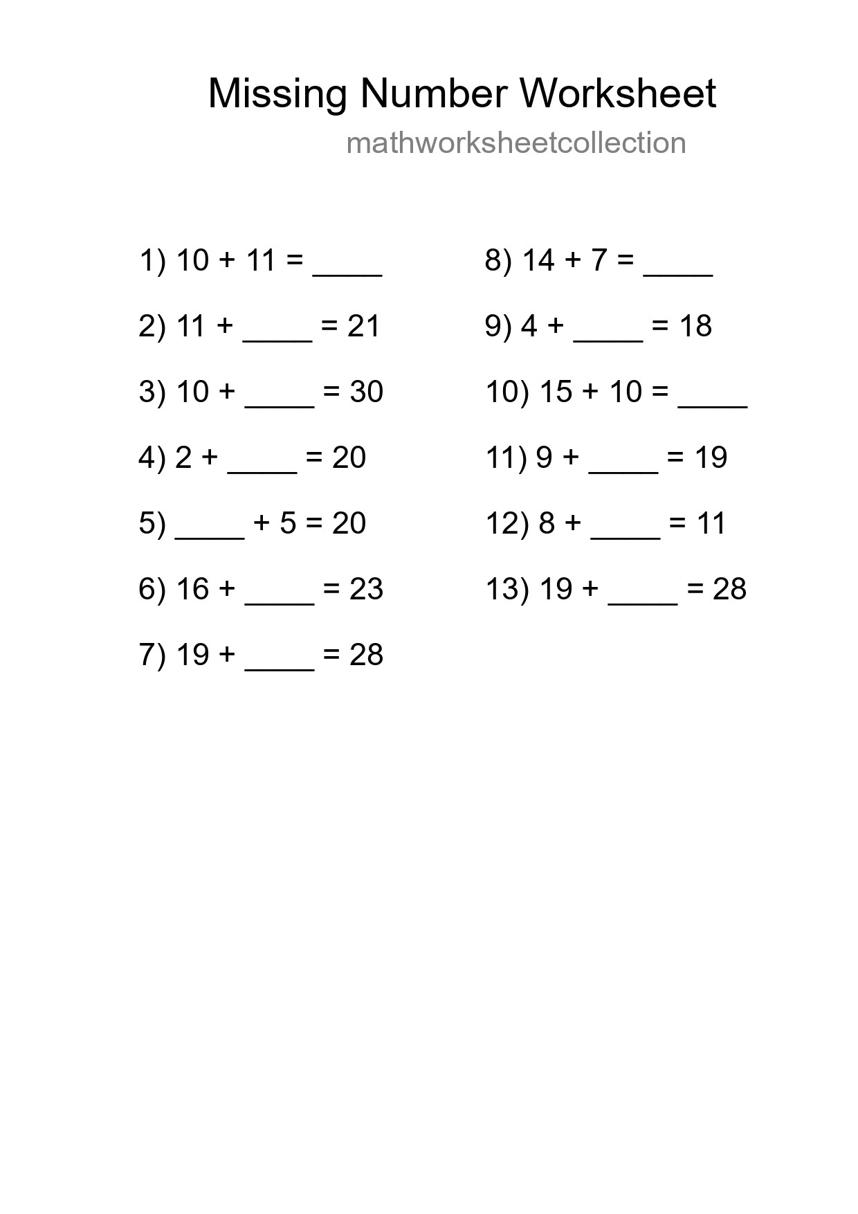 Missing Number Math Worksheet