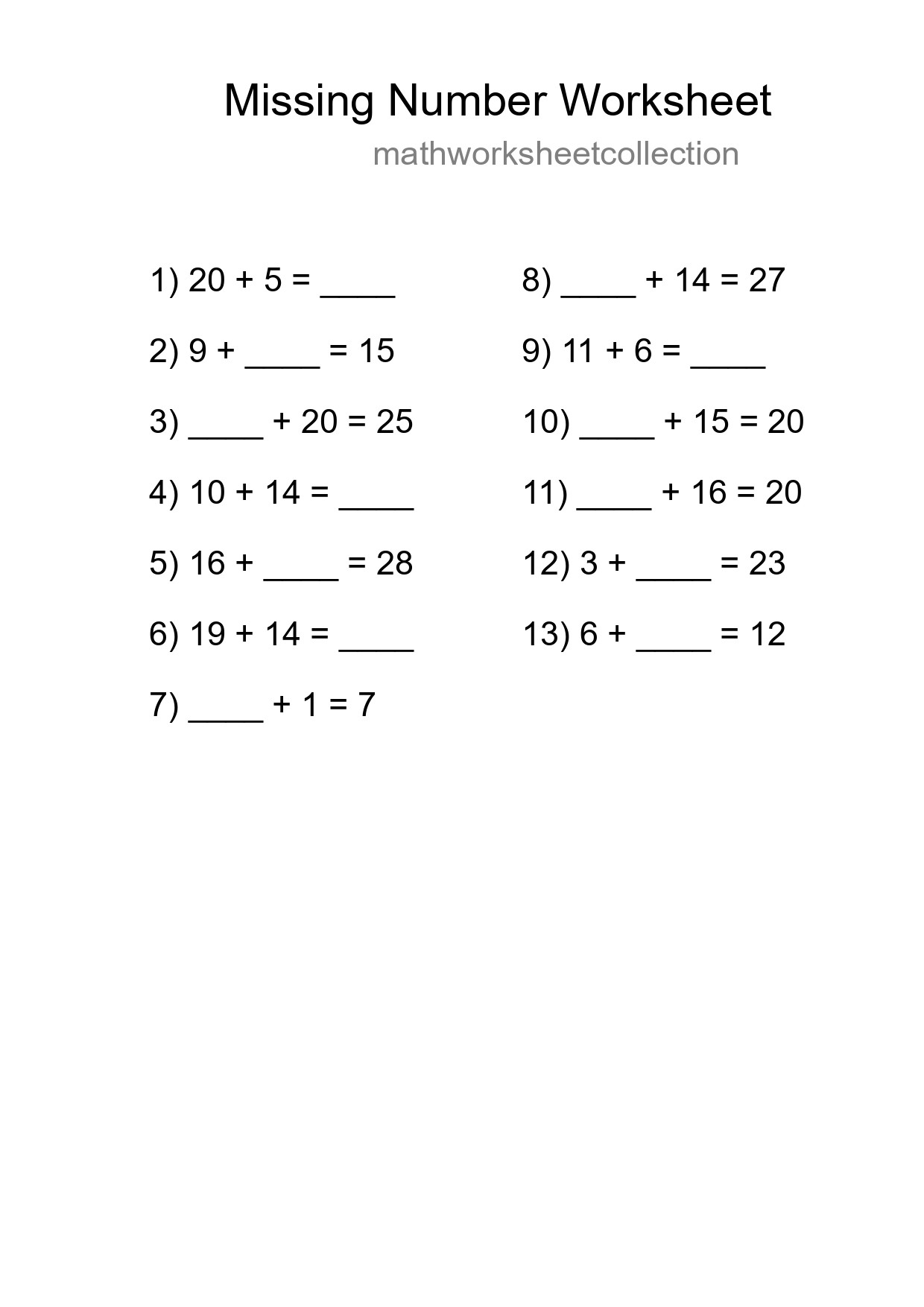 Missing Number Math Worksheet
