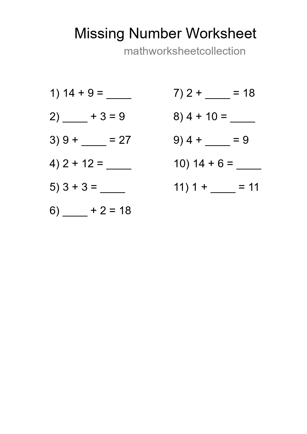Missing Number Math Worksheet