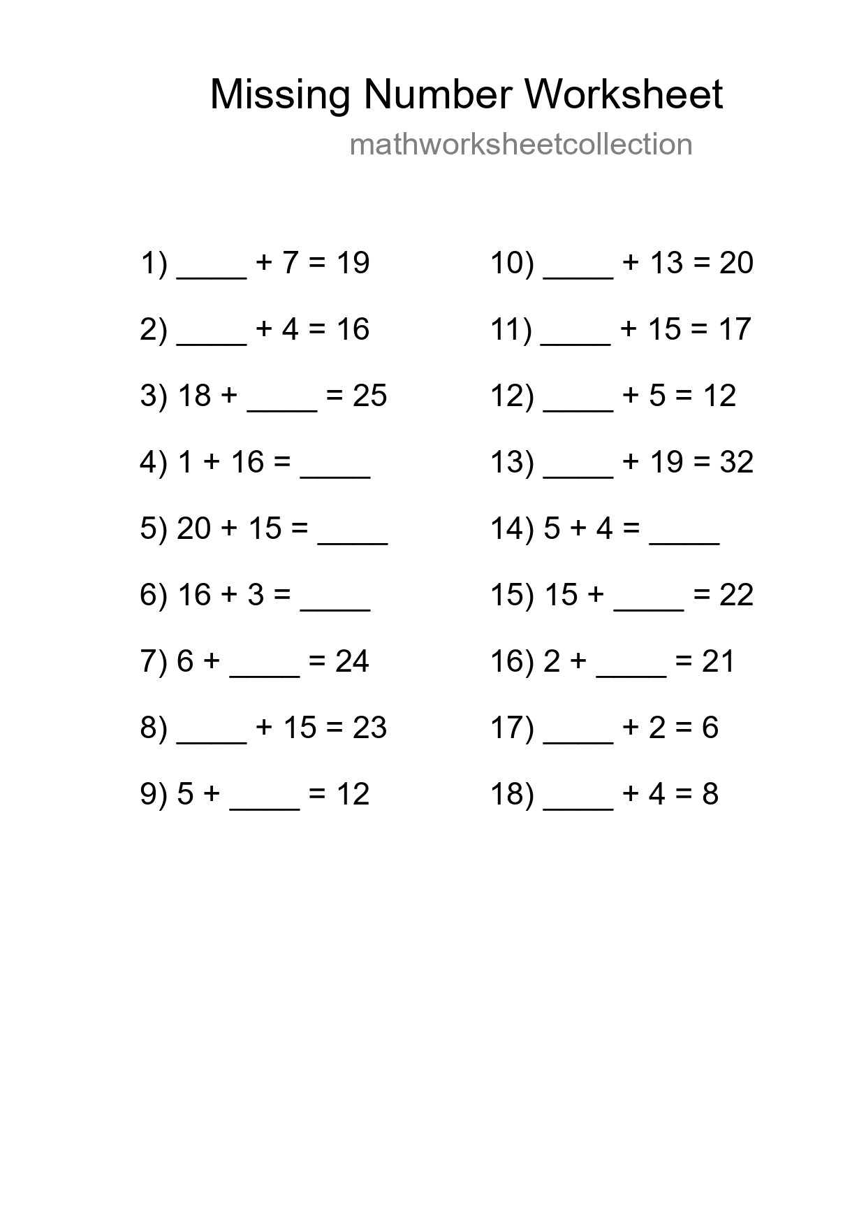 Missing Number Math Worksheet