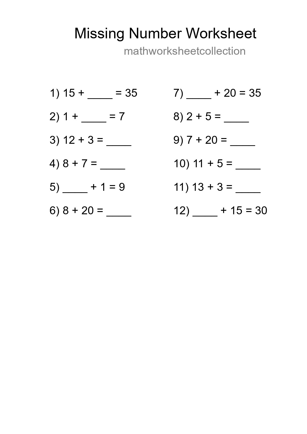 Missing Number Math Worksheet
