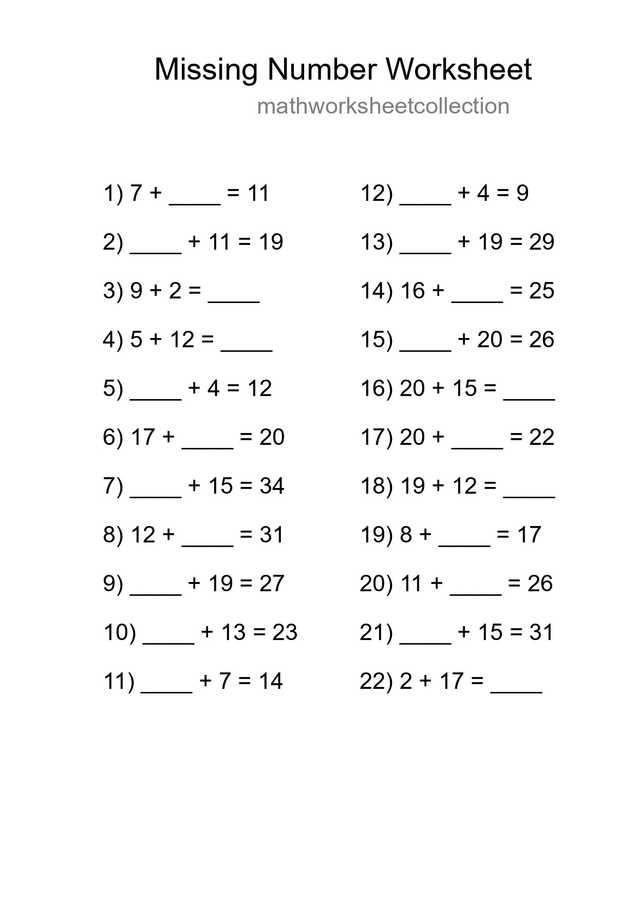 Missing Number Math Worksheet