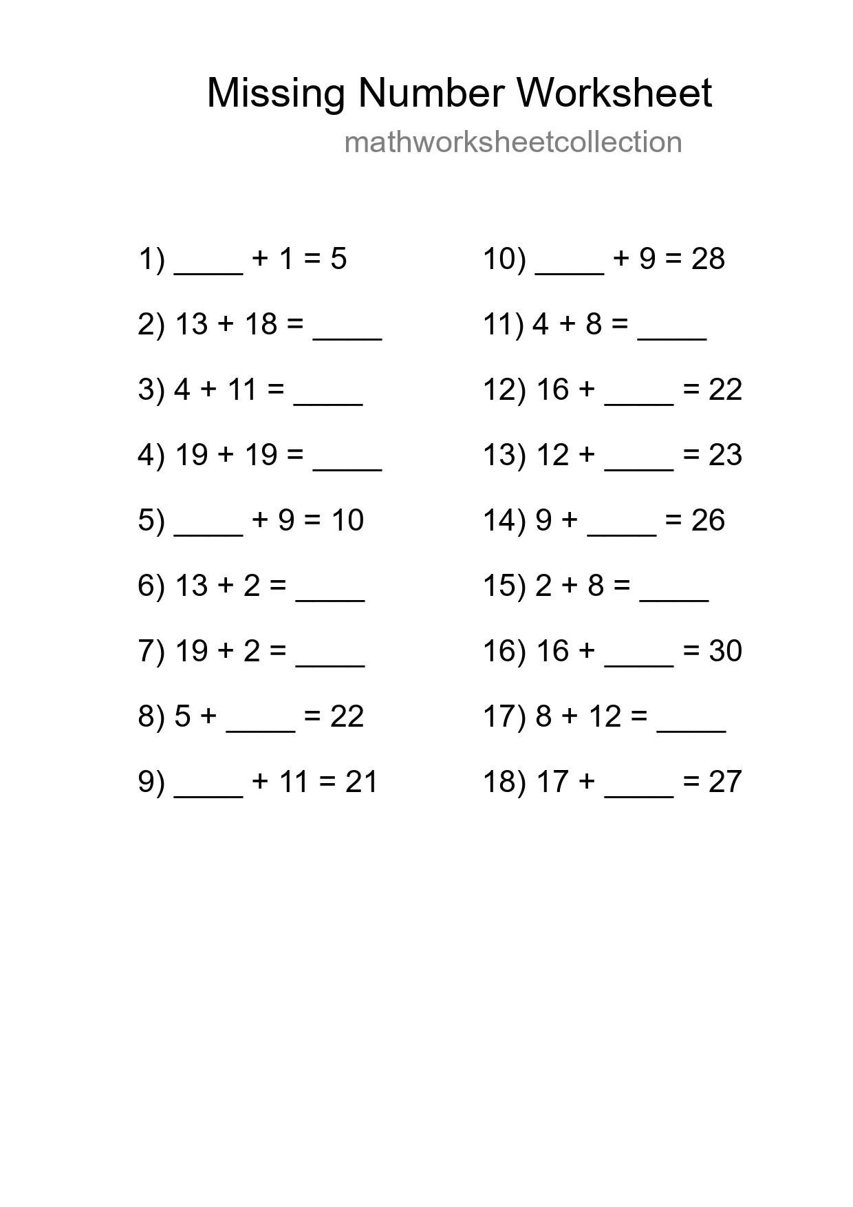 Missing Number Math Worksheet