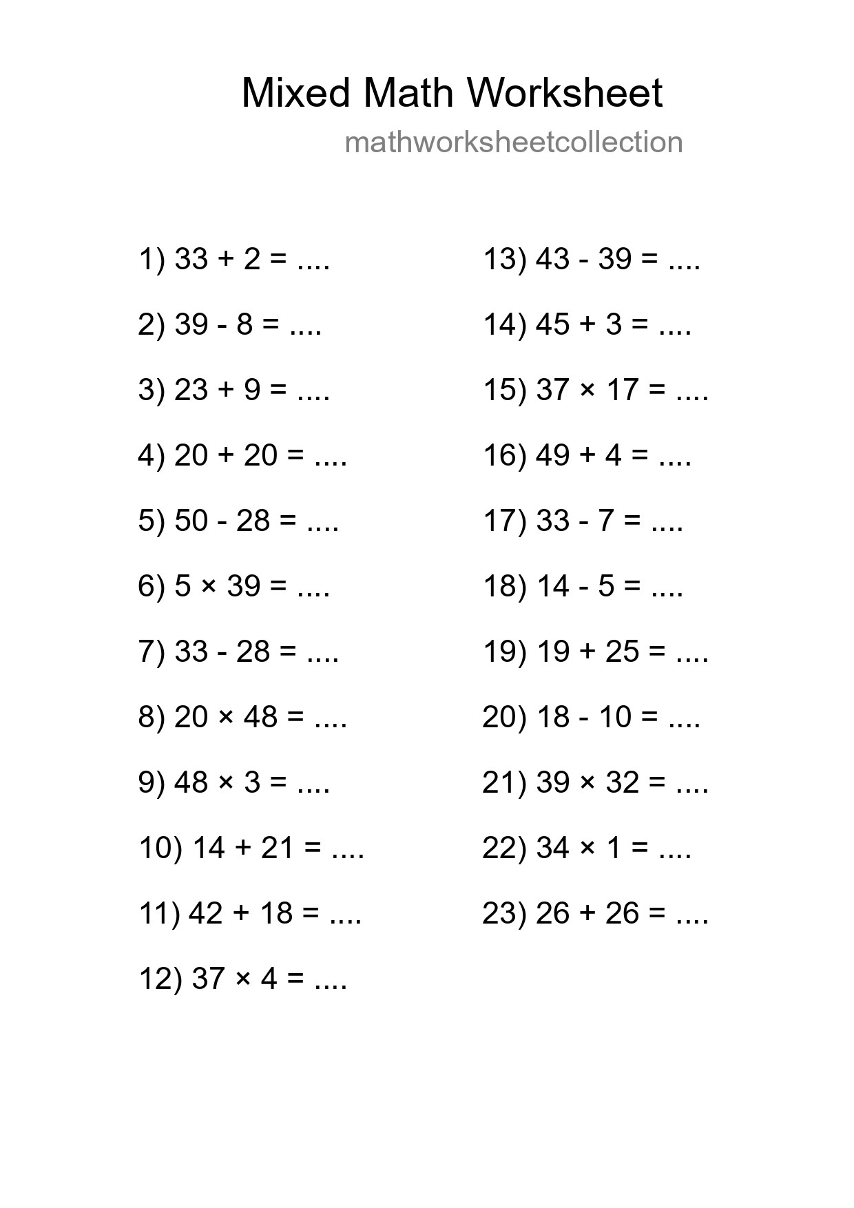 Mixed Operations Math Worksheet