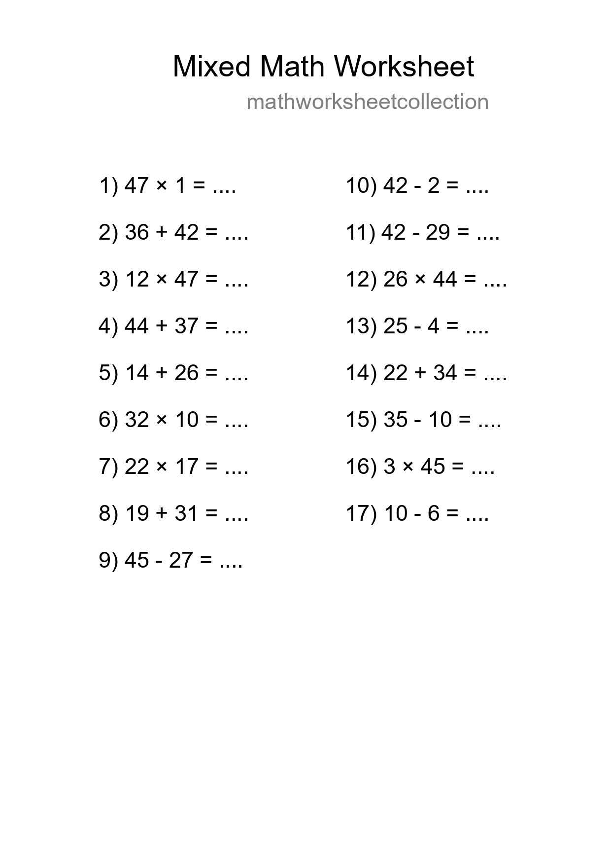 Mixed Operations Math Worksheet