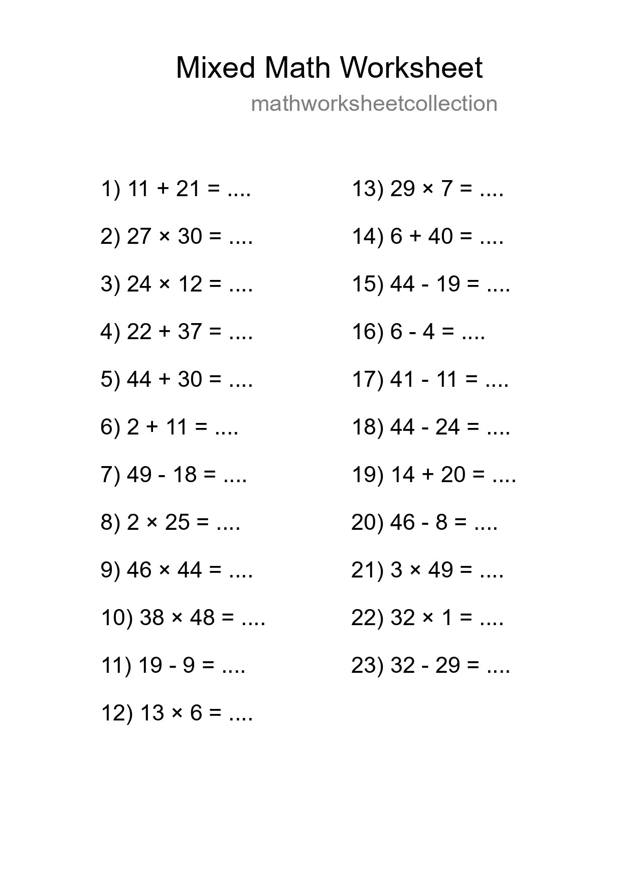 Mixed Operations Math Worksheet