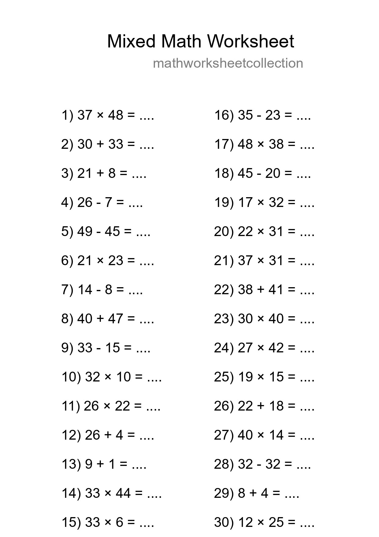 Mixed Operations Math Worksheet