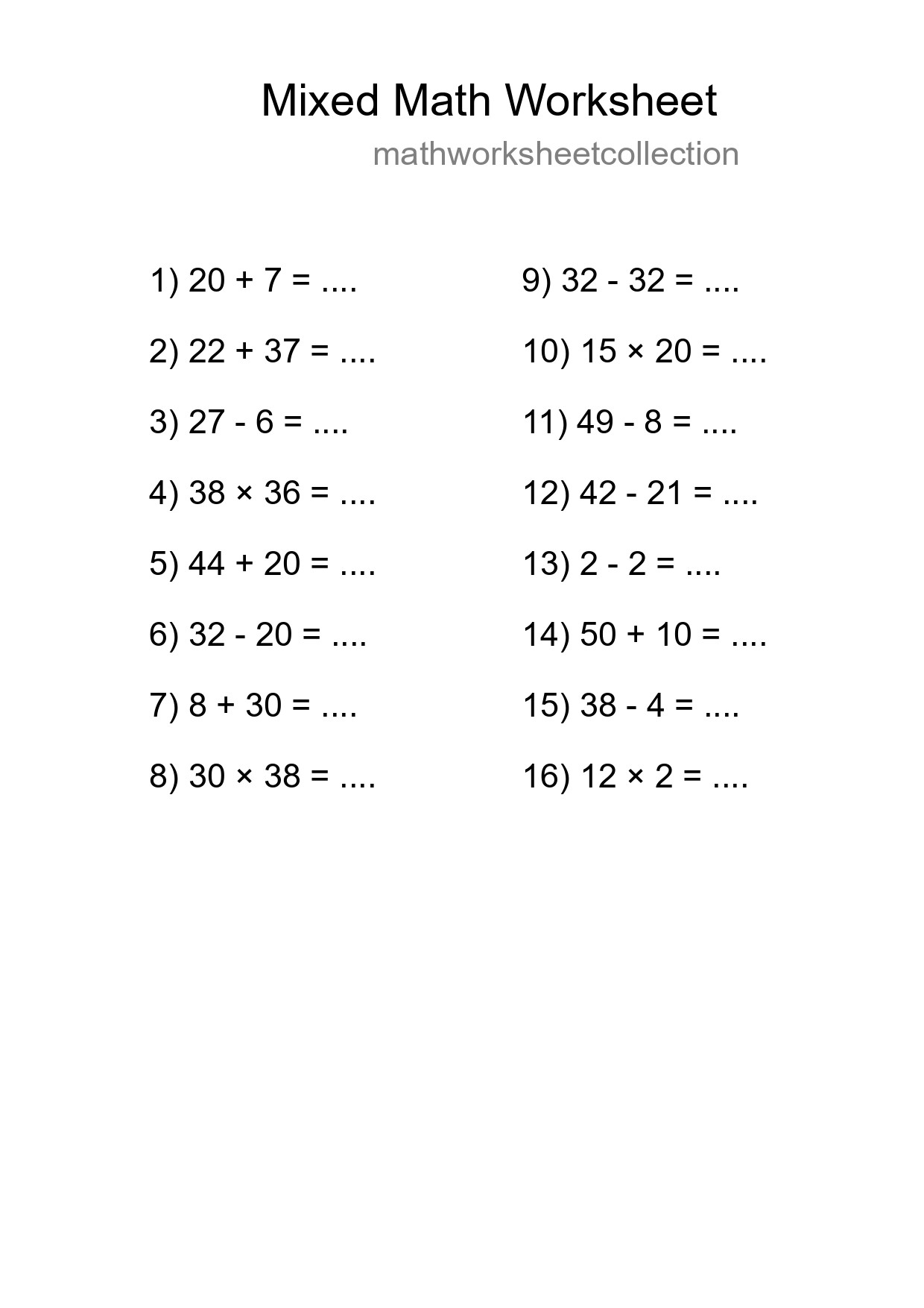 Mixed Operations Math Worksheet