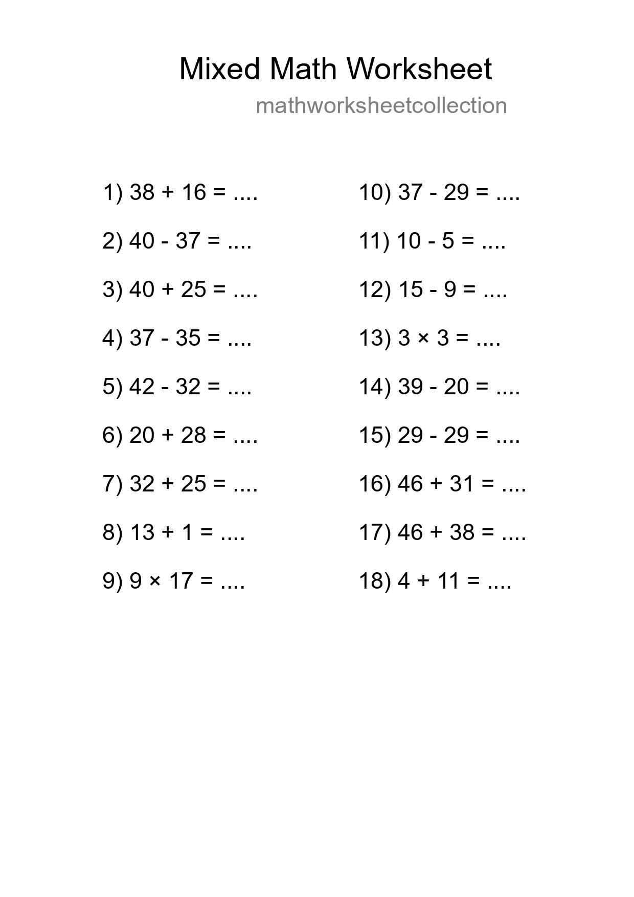Mixed Operations Math Worksheet