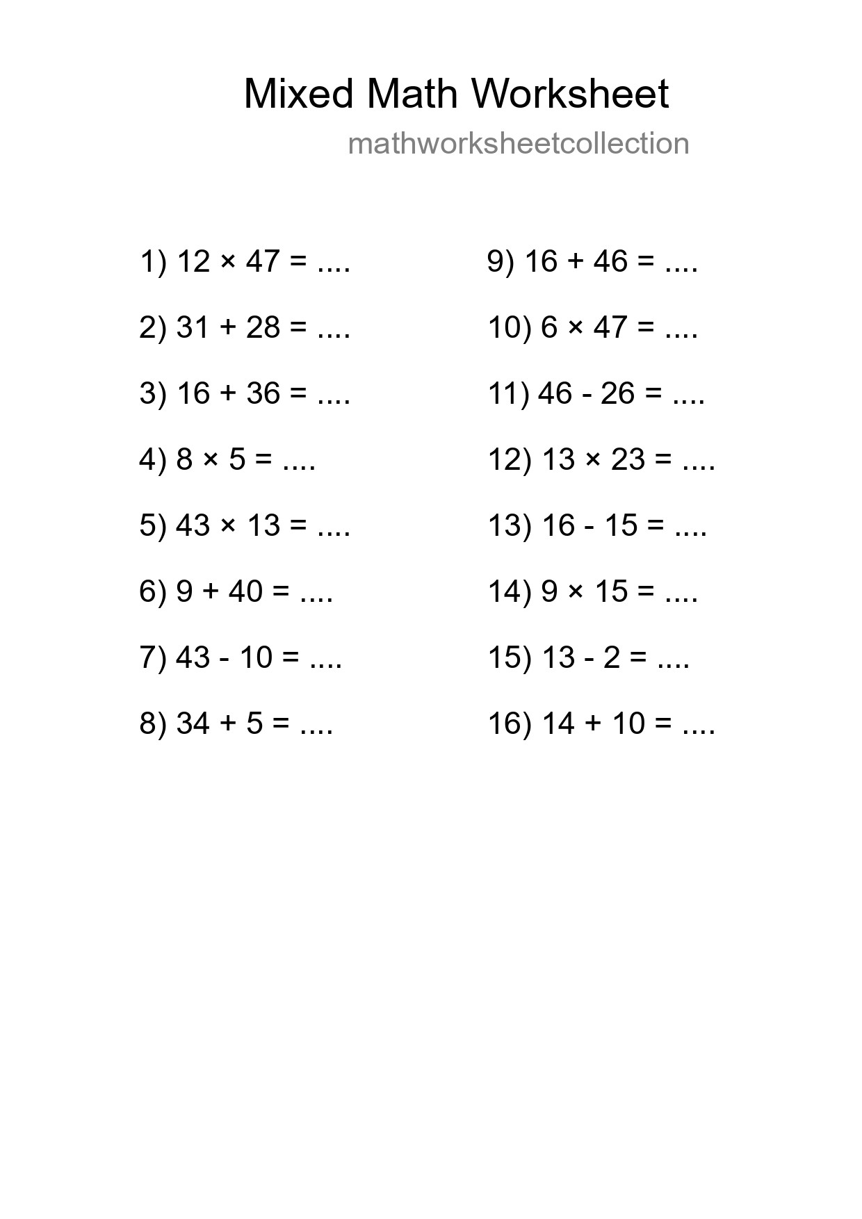 Mixed Operations Math Worksheet