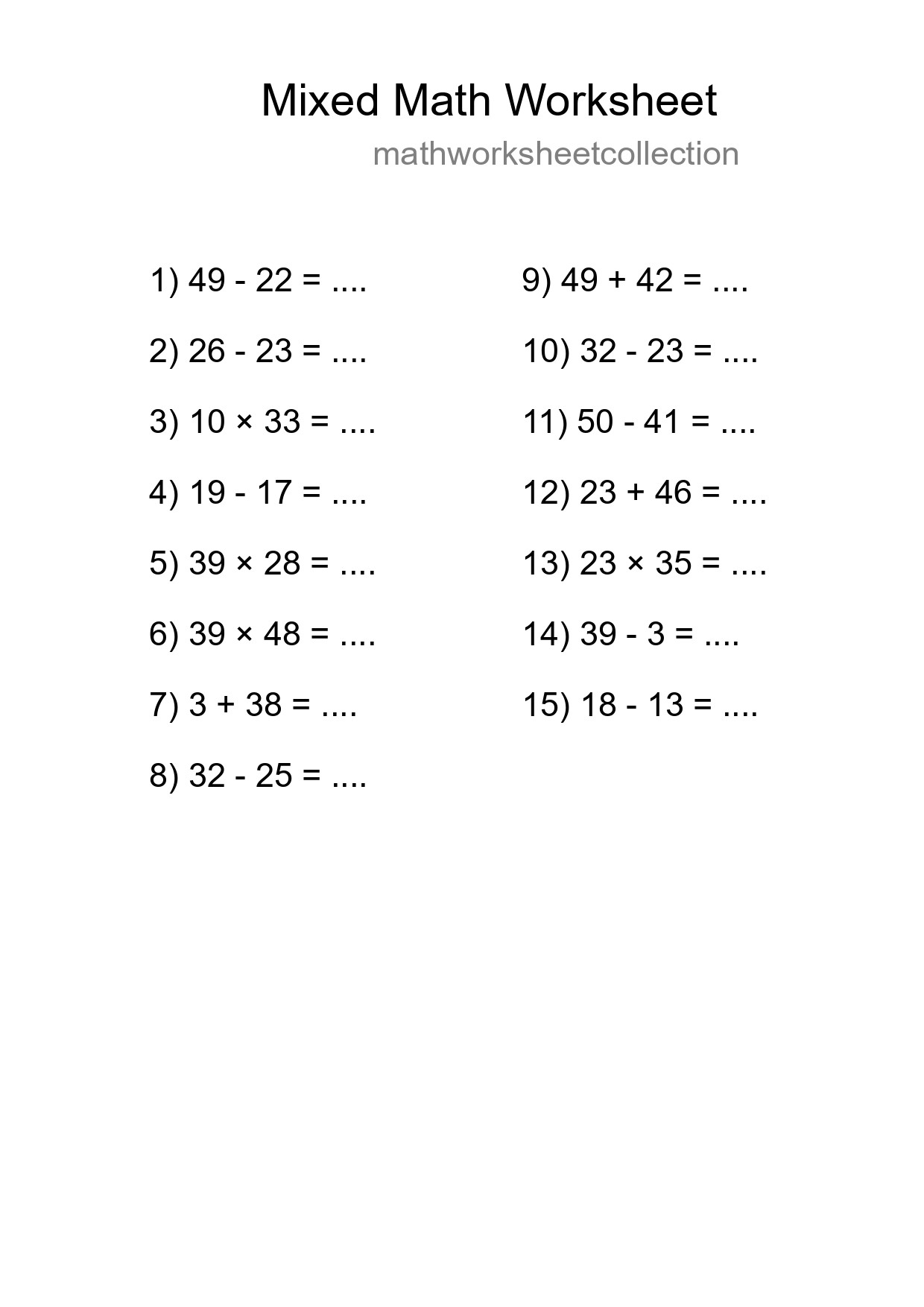 Mixed Operations Math Worksheet