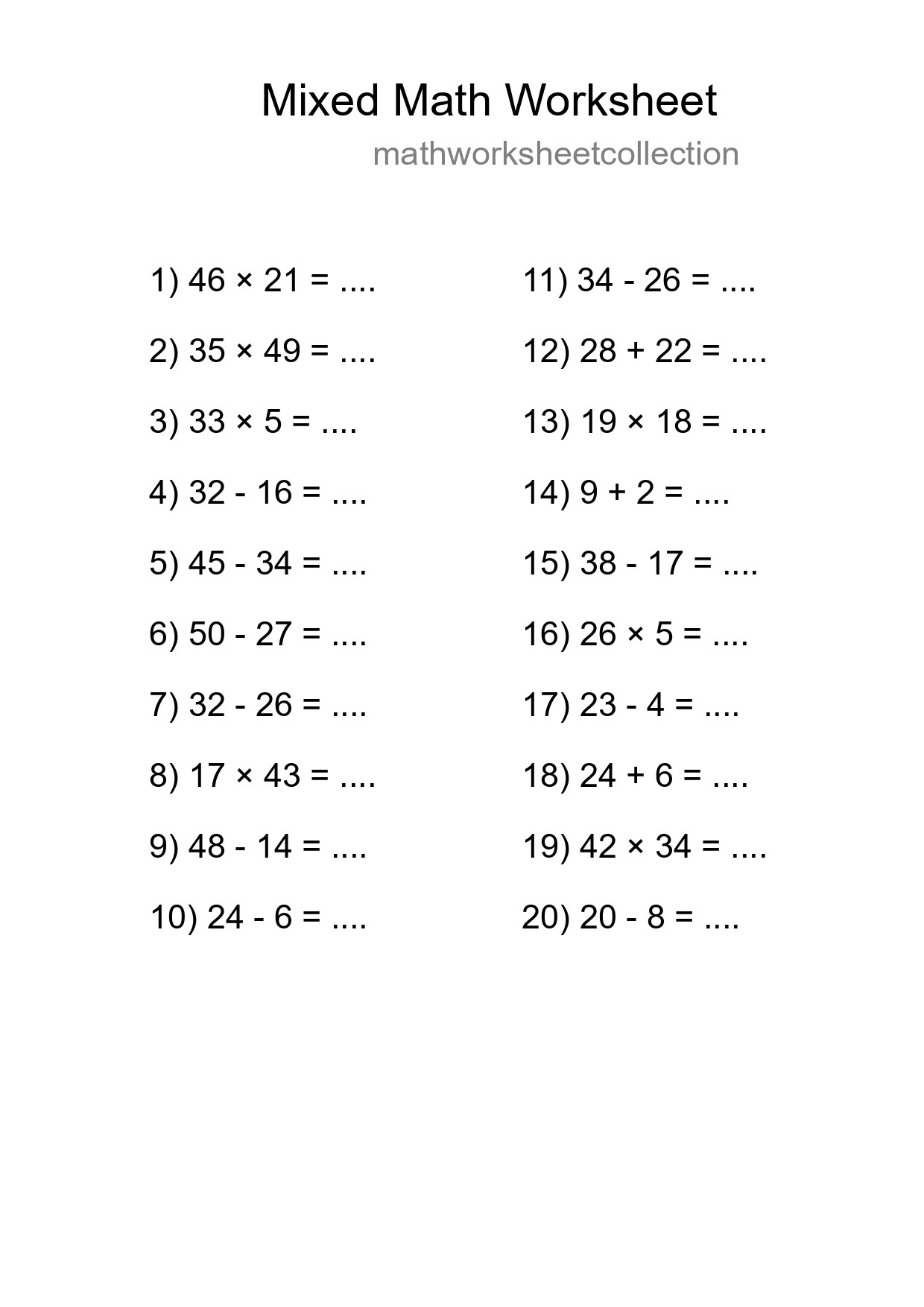Mixed Operations Math Worksheet