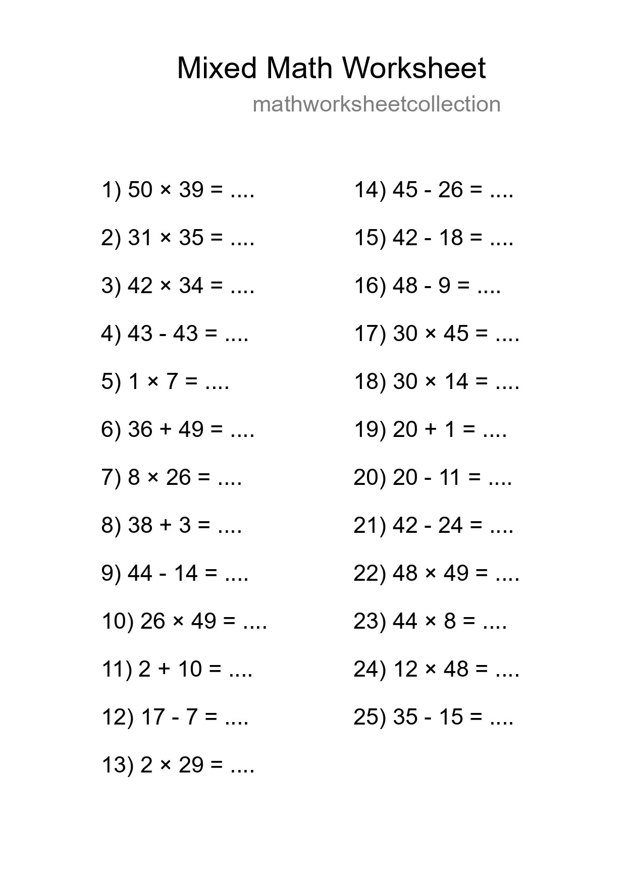 Mixed Operations Math Worksheet