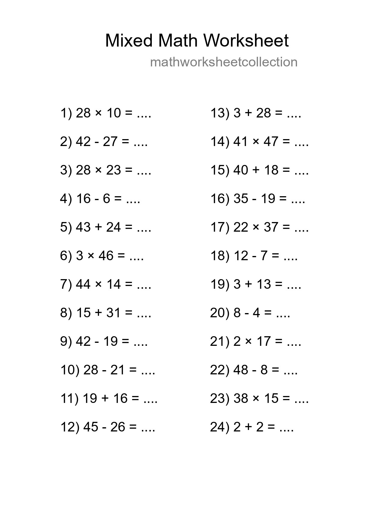 Mixed Operations Math Worksheet