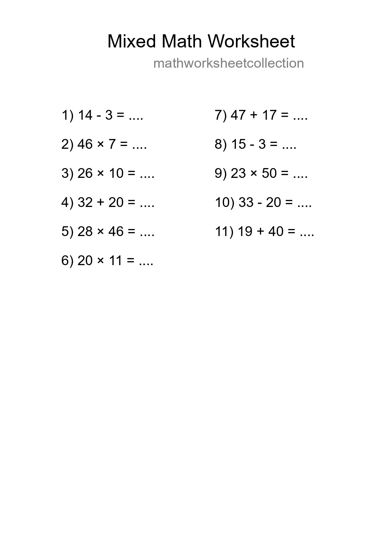 Mixed Operations Math Worksheet