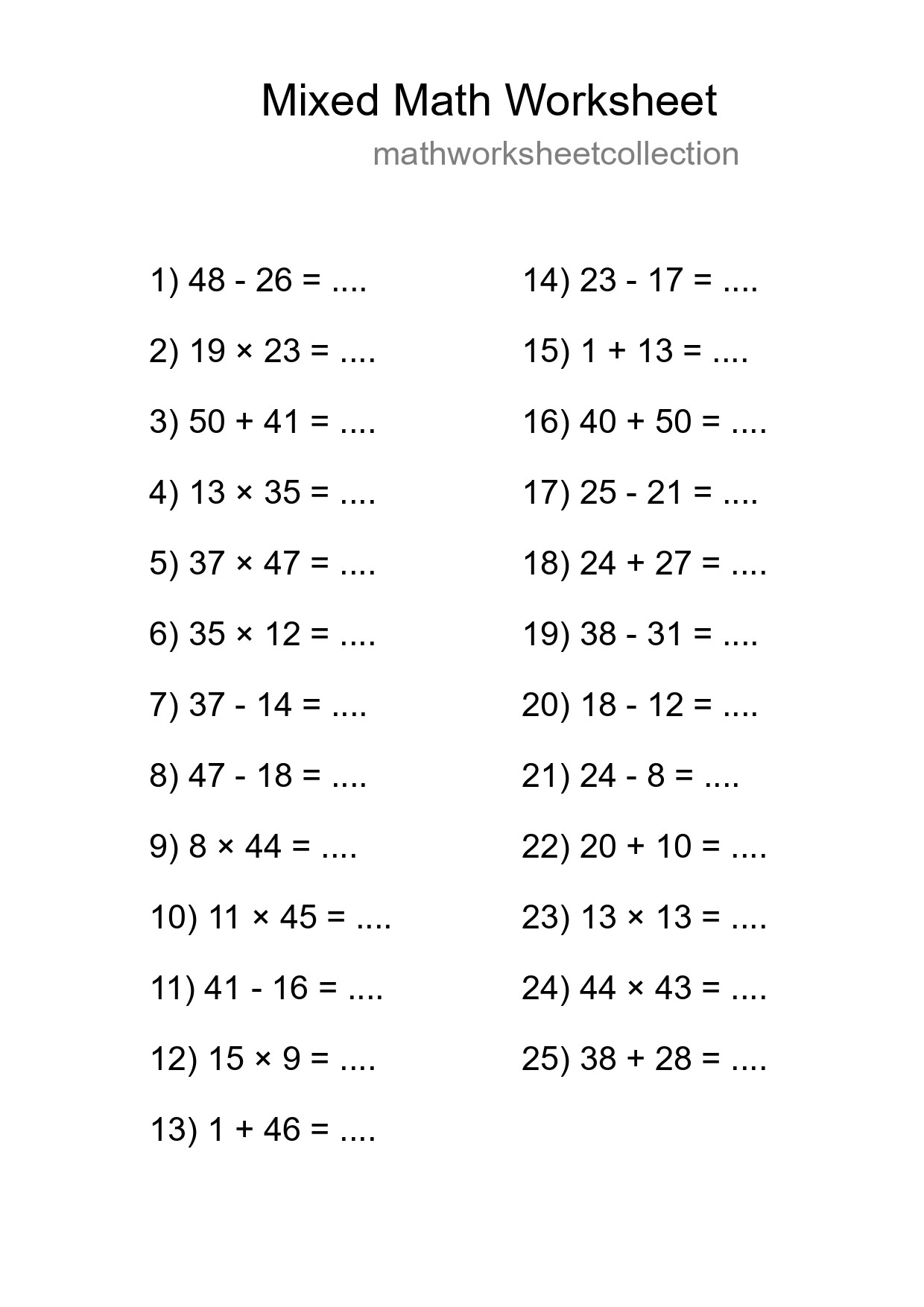 Mixed Operations Math Worksheet