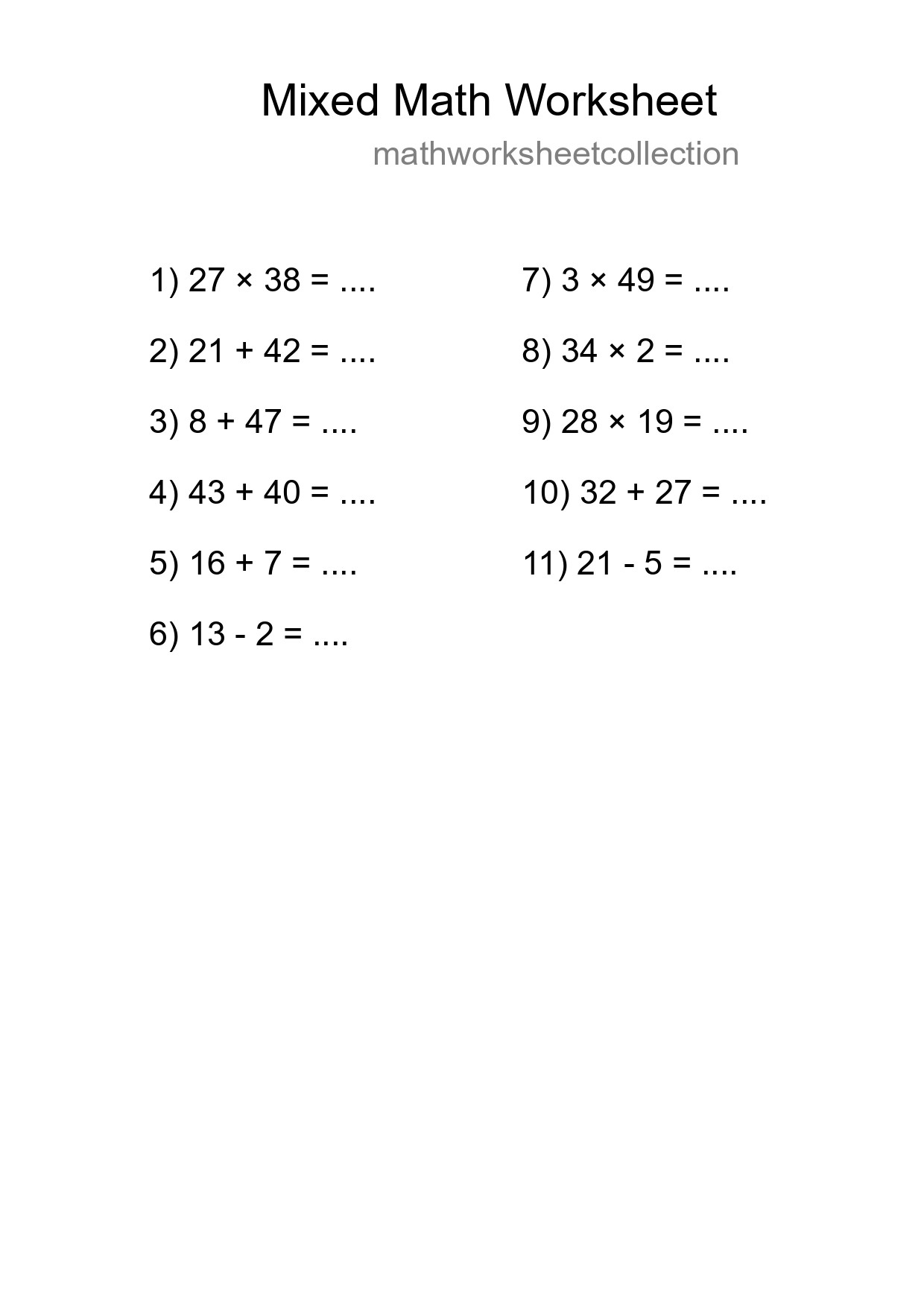 Mixed Operations Math Worksheet