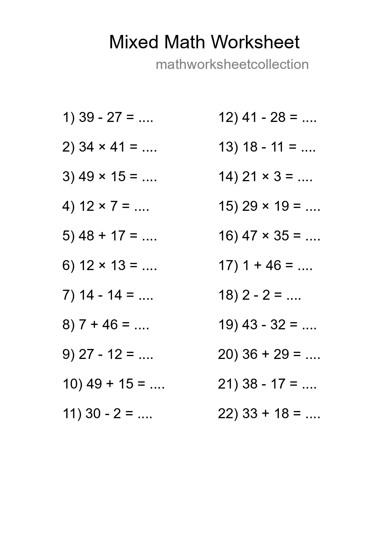 Mixed Operations Math Worksheet