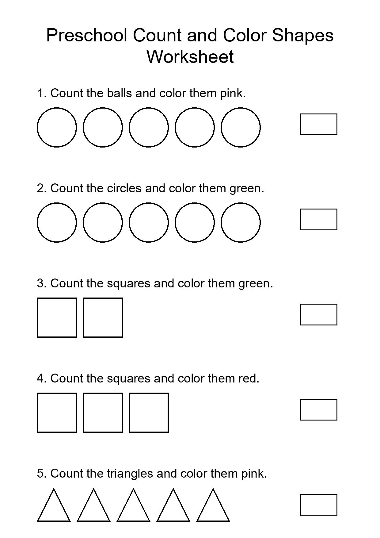 Preschool Count and Color Shapes Worksheet