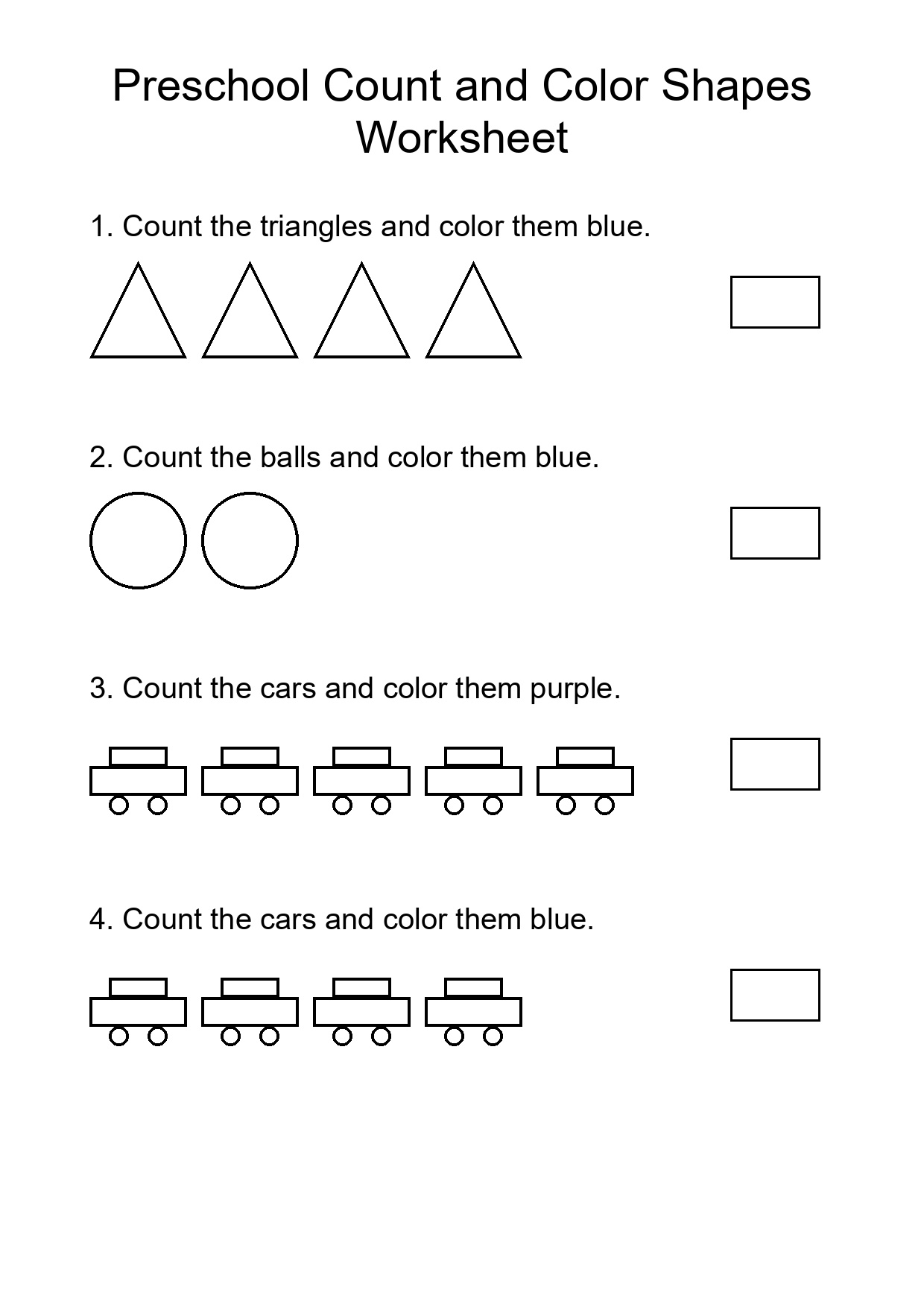 Preschool Count and Color Shapes Worksheet