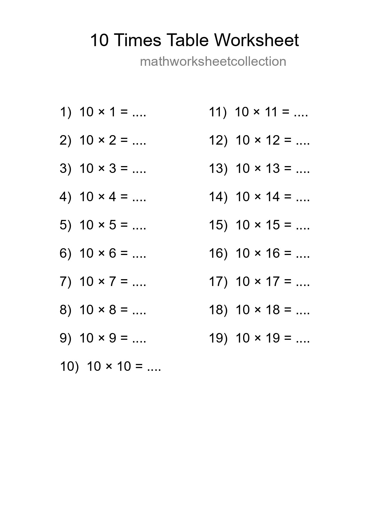 Printable 10 Times Table Worksheet For Grade 3 - Part 289