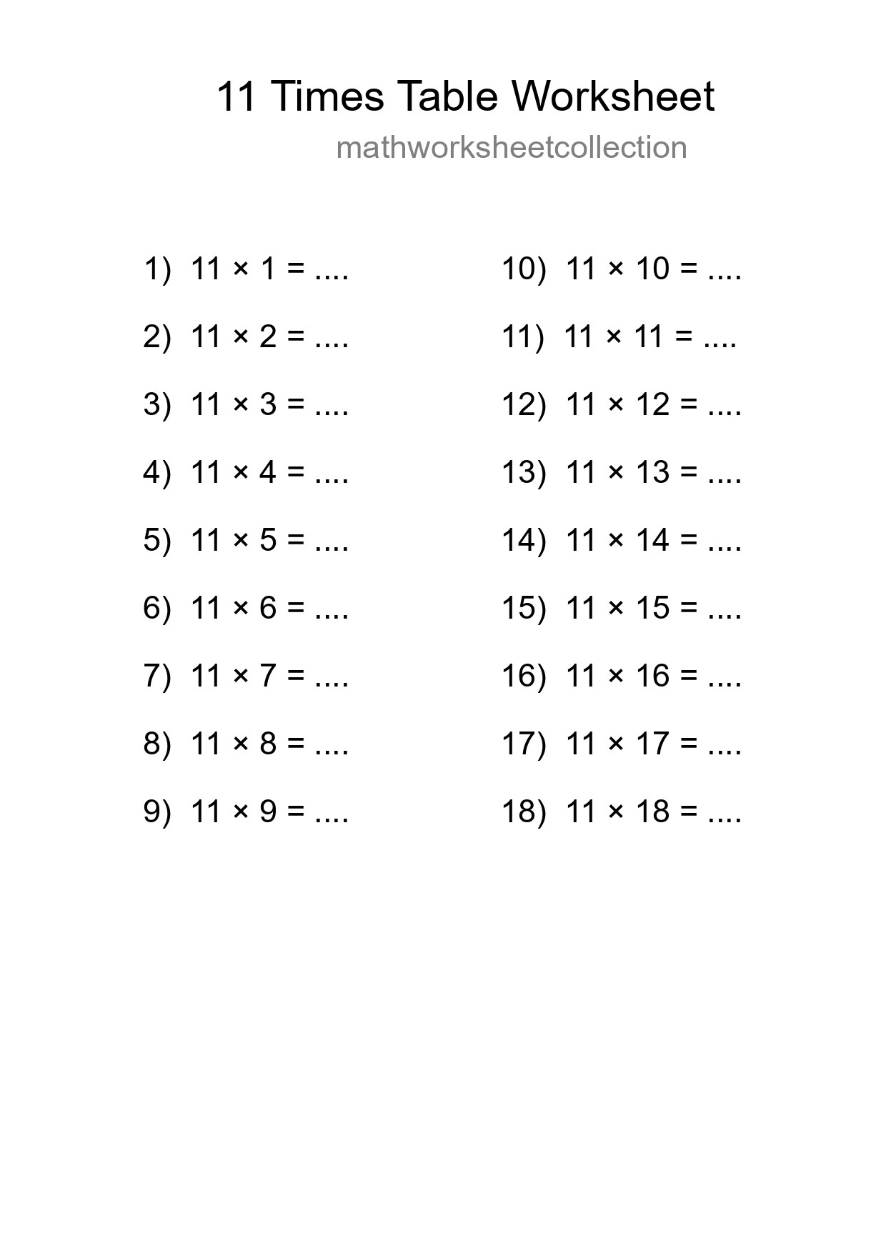 Printable 11 Times Table Worksheet For Grade 4 - Part 29