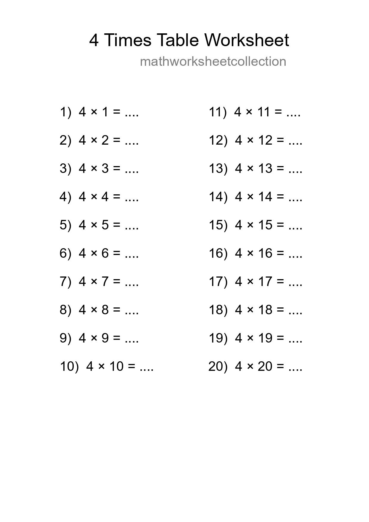 Printable 4 Times Table Worksheet For Grade 2 - Part 59