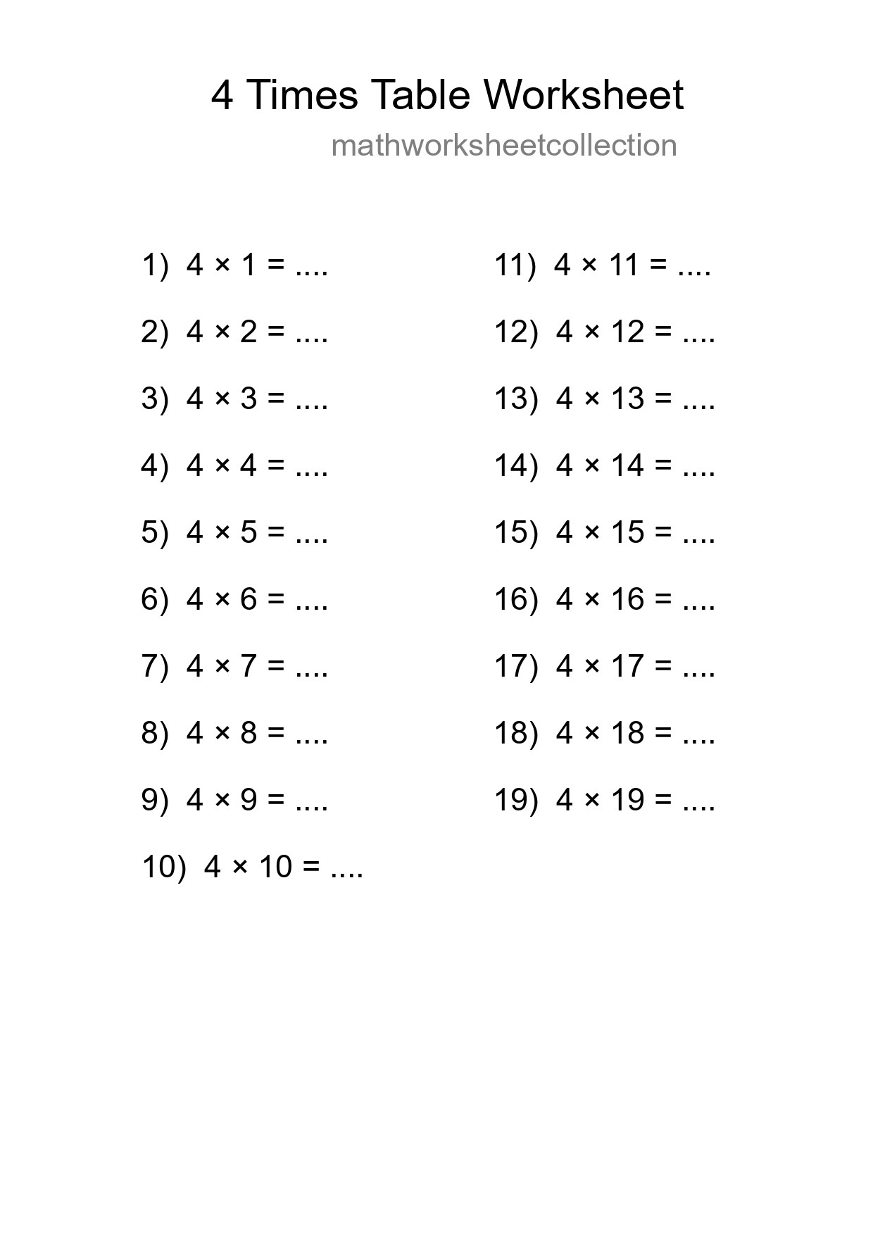 Printable 4 Times Table Worksheet For Grade 2 - Part 69