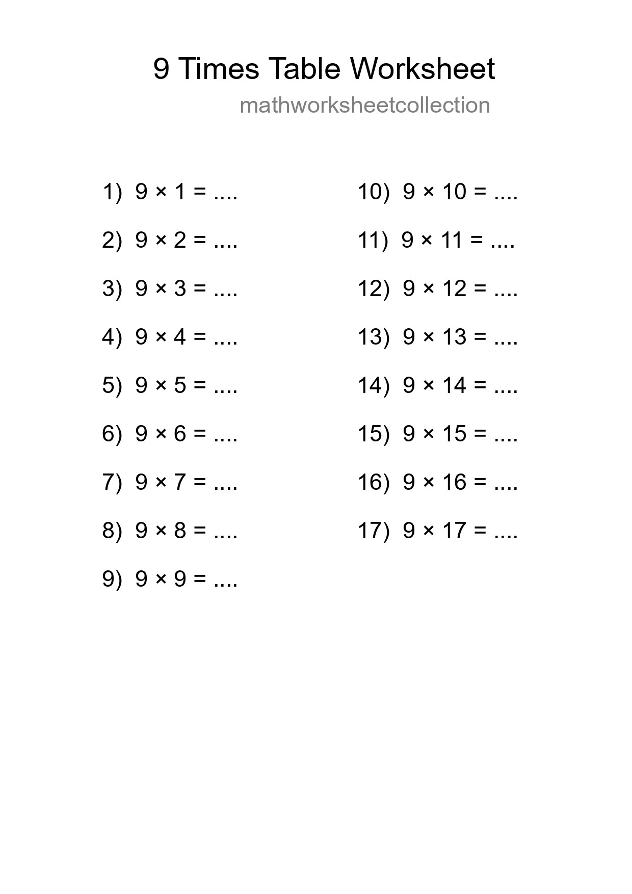 Printable 9 Times Table Worksheet For Grade 3 - Part 189