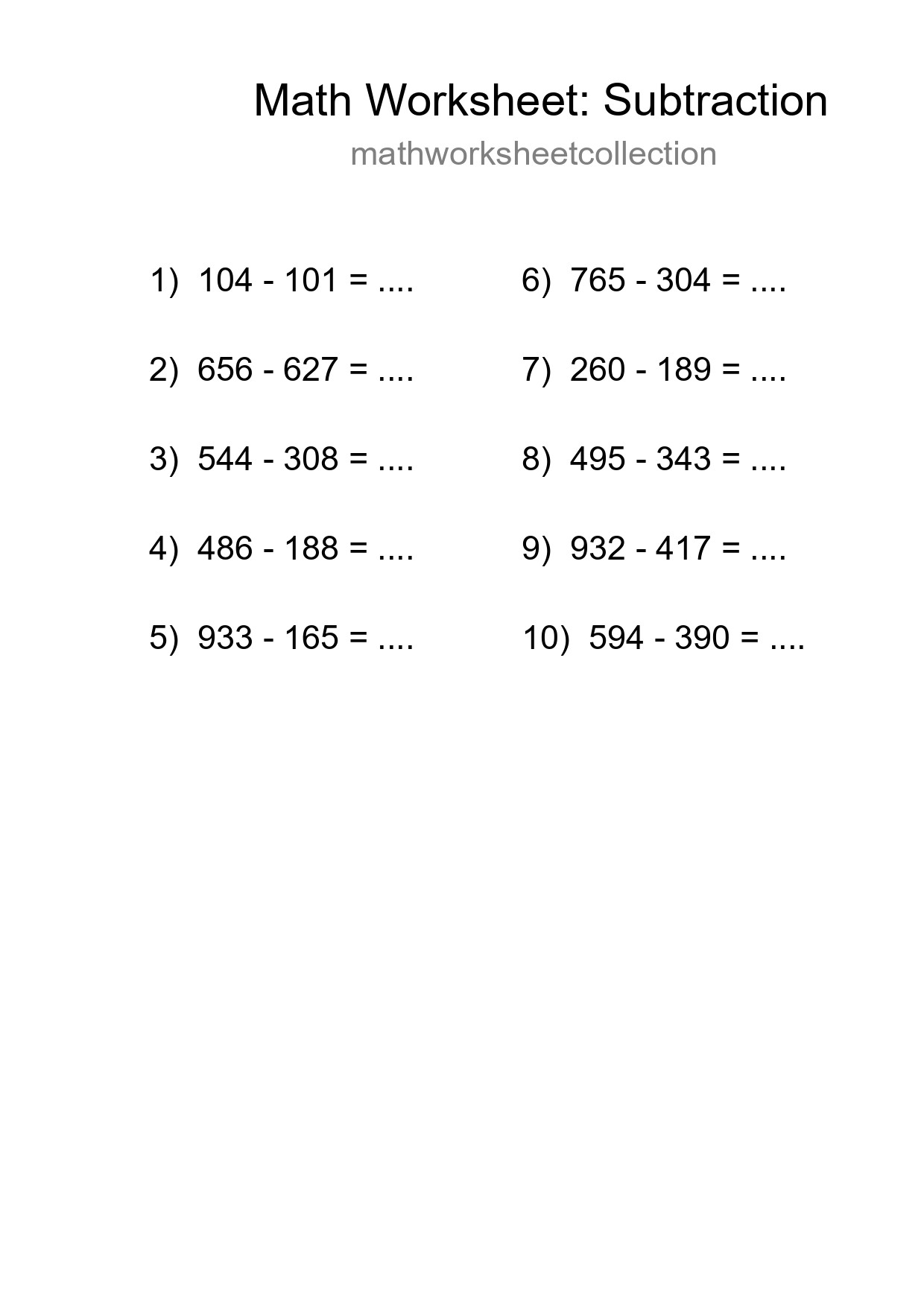 Printable Free 10 Subtraction Math Worksheet For Grade 5 - Part 58
