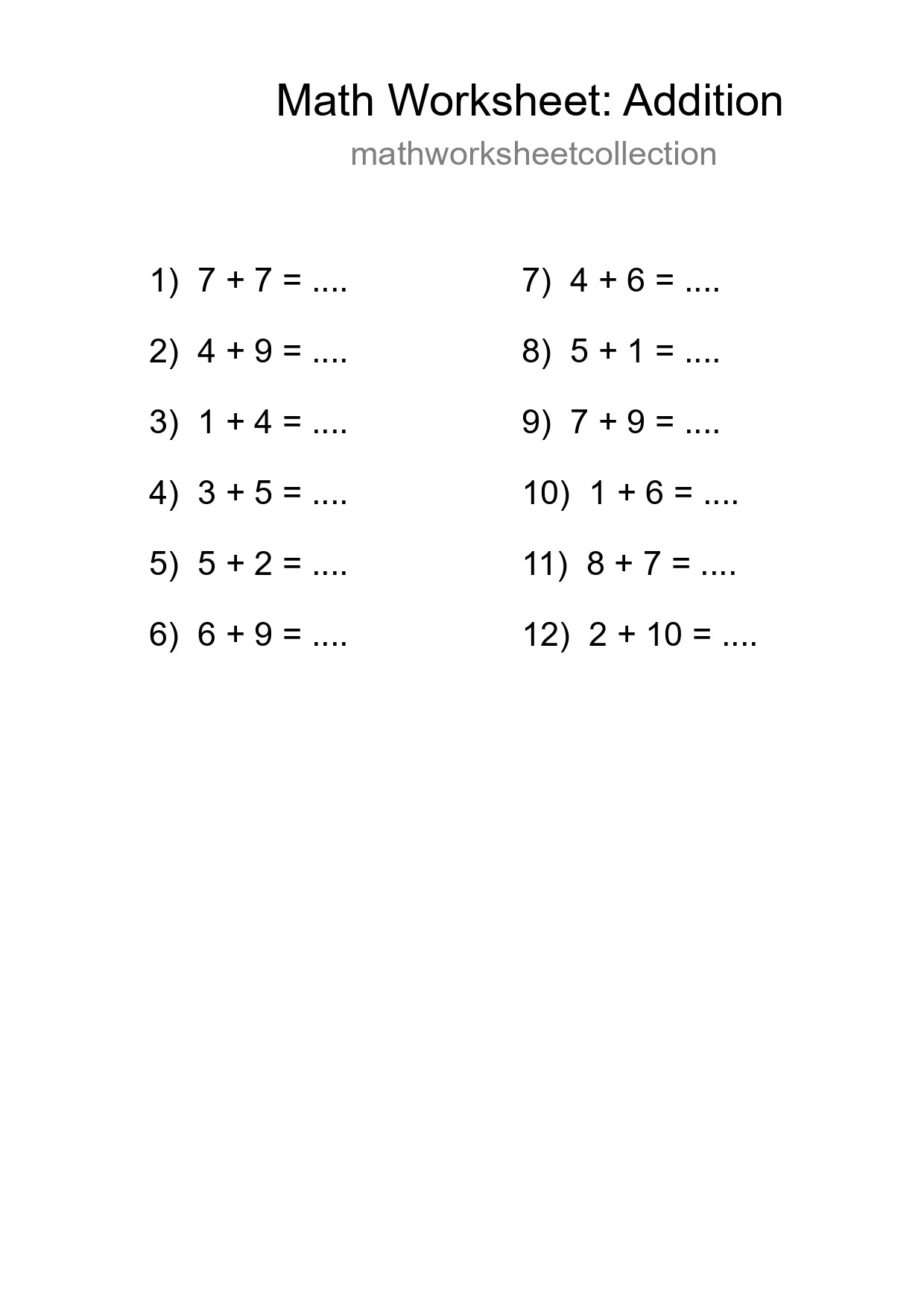 Printable Free 12 Addition Math Worksheet For Grade 1 - Part 21