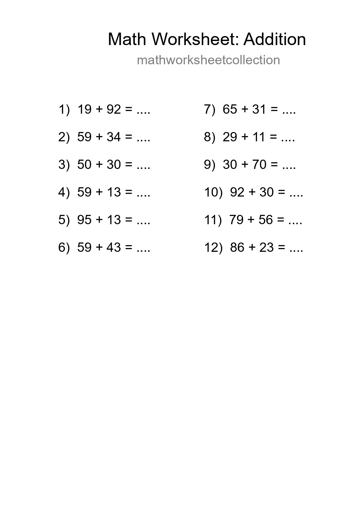 Printable Free 12 Addition Math Worksheet For Grade 3 - Part 281