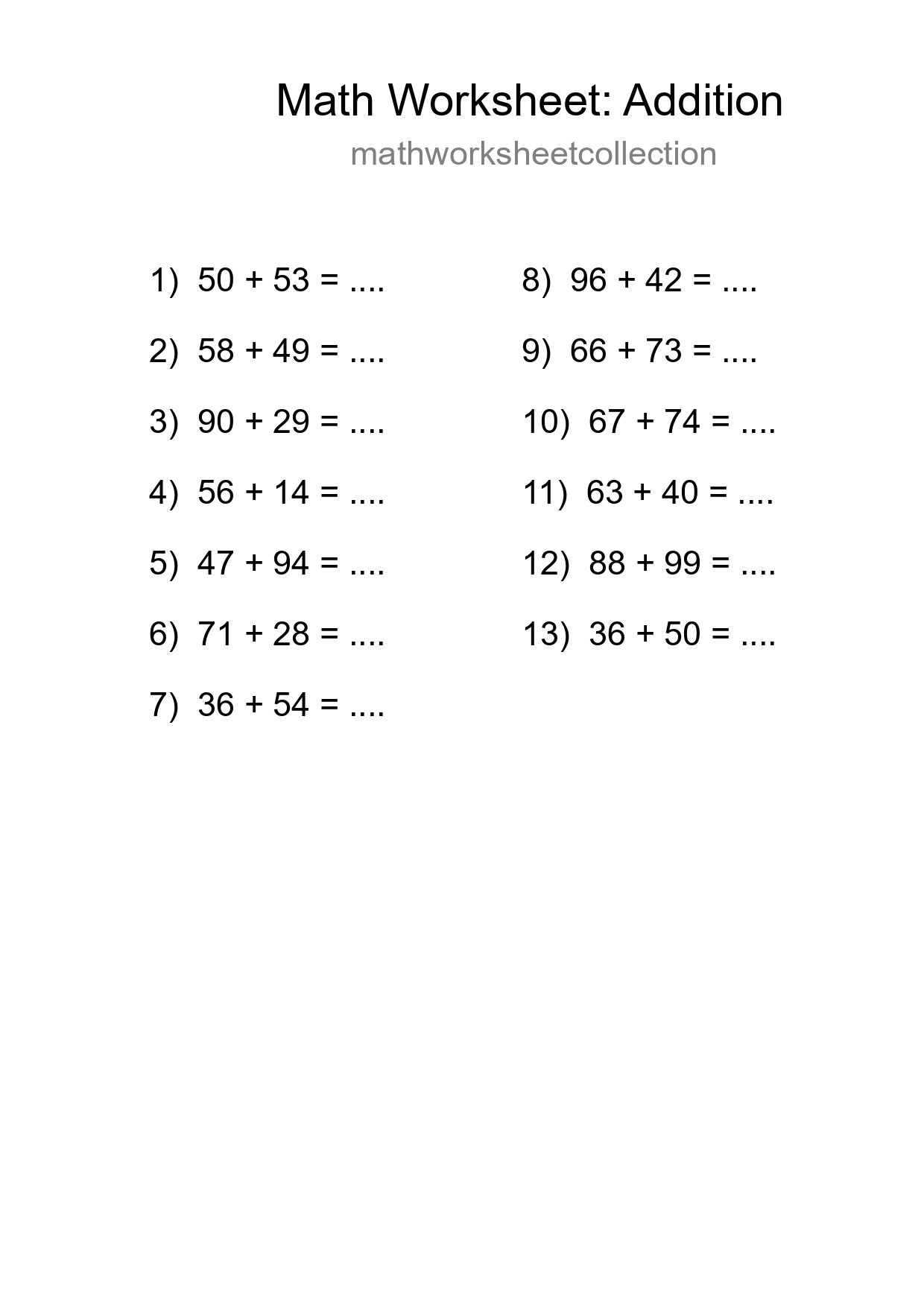 Printable Free 13 Addition Math Worksheet For Grade 3 - Part 251
