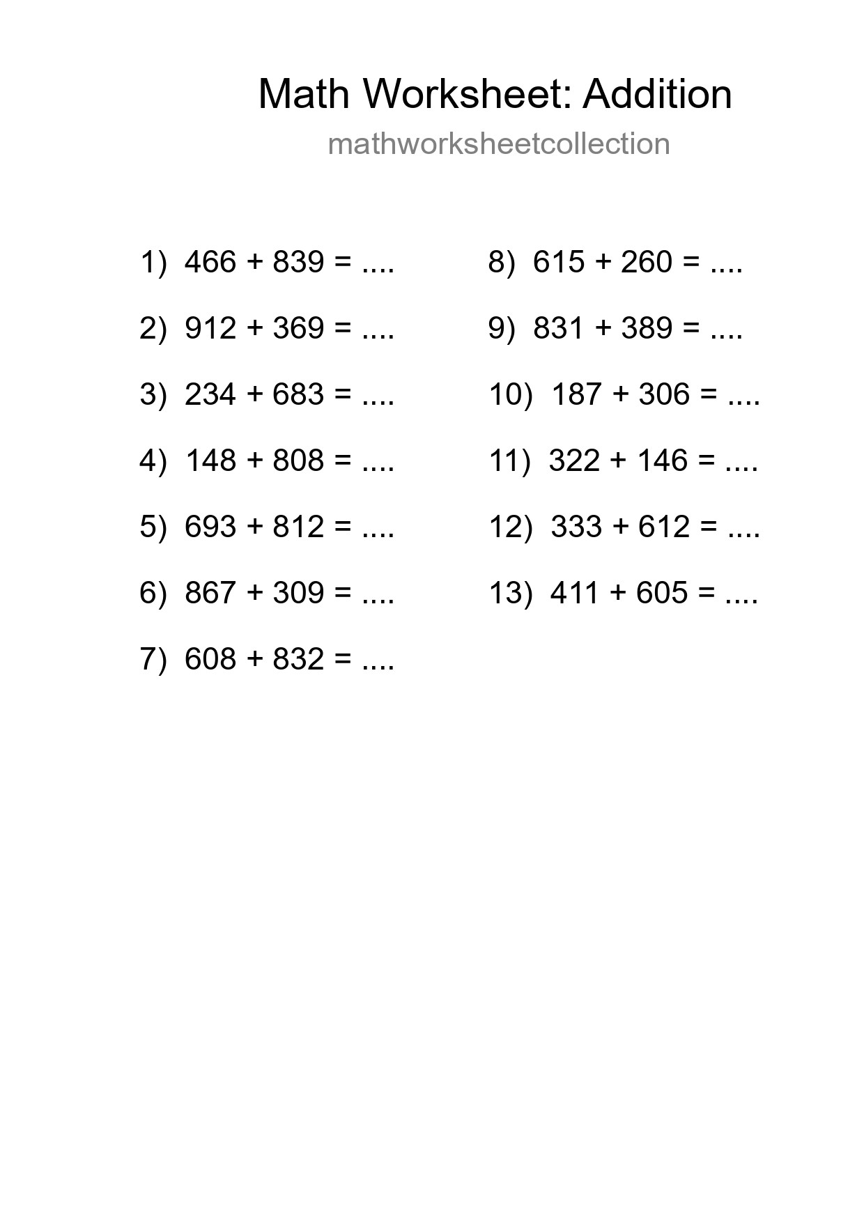 Printable Free 13 Addition Math Worksheet For Grade 5 - Part 31