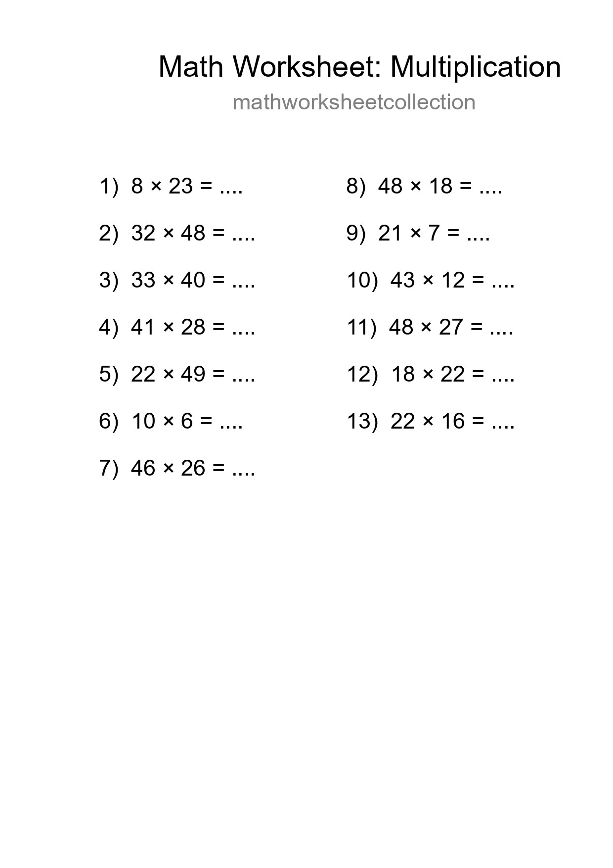 Printable Free 13 Multiplication Math Worksheet For Grade 2 - Part 257