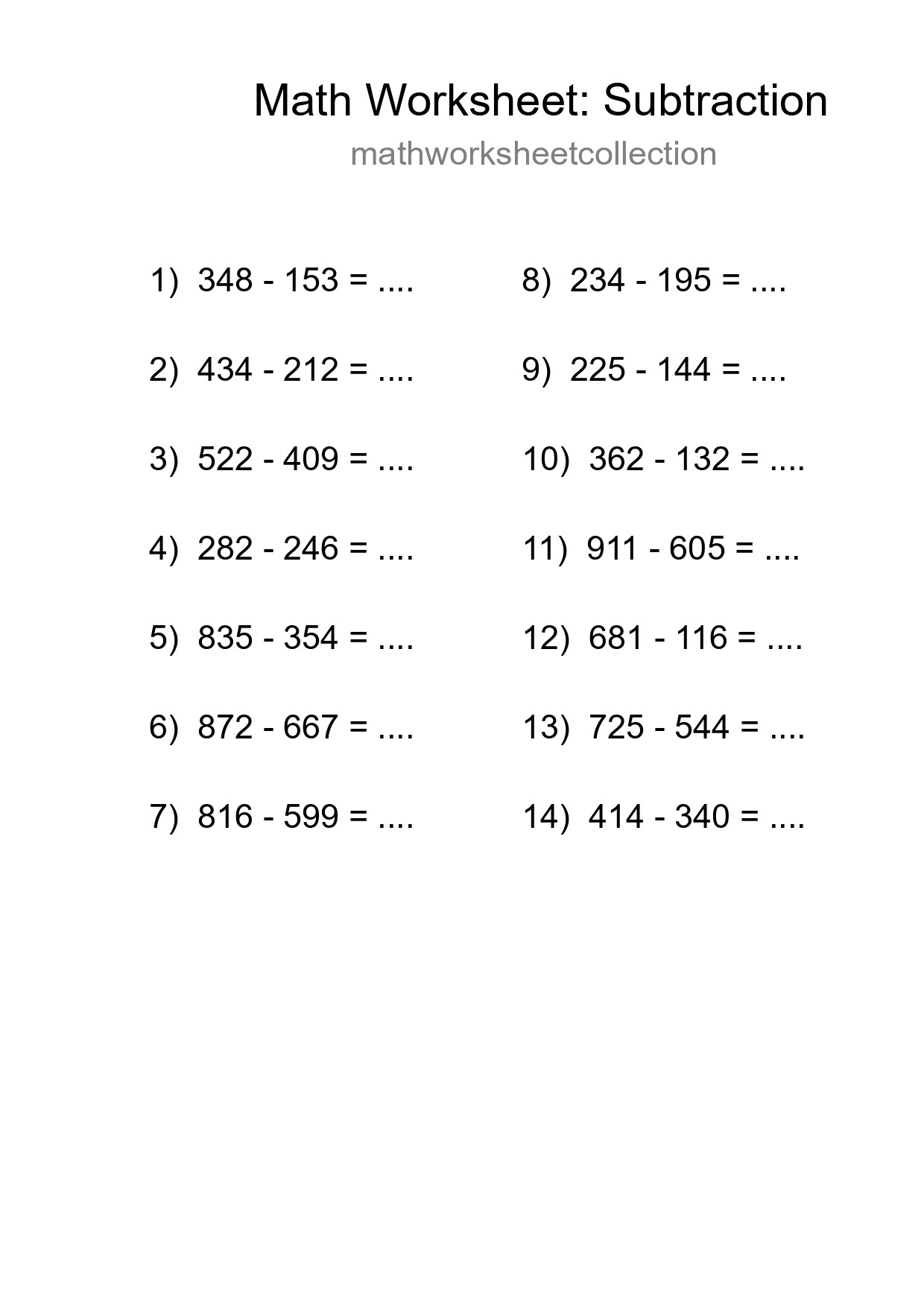 Printable Free 14 Subtraction Math Worksheet For Grade 5 - Part 78